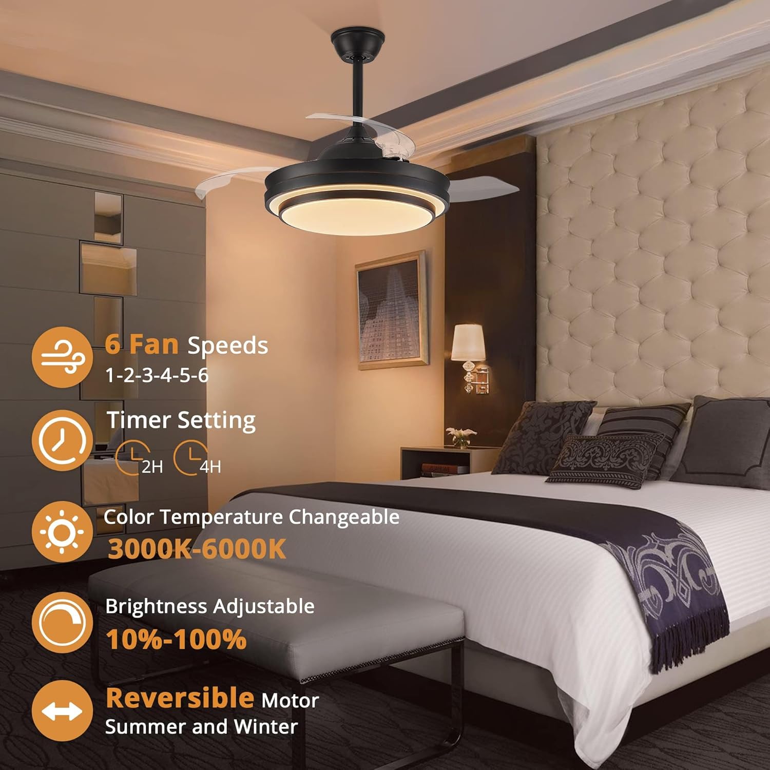 lediary retractable ceiling fans with lights and remote, 42 inch fandelier ceiling fans with led lighting, smart modern ceiling fan, stepless color changeable, dimmable, timer setting modern black