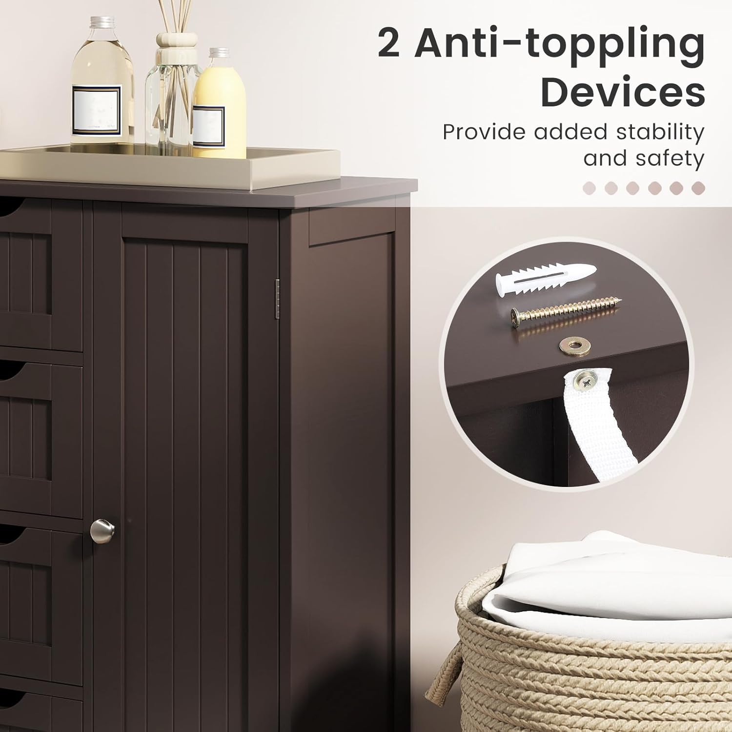 DORTALA Bathroom Floor Cabinet, Side Storage Organizer w/ 4 Drawers, Wooden Storage Cabinet w/Adjustable Shelf in 3 Positions for Bathroom, Dark Brown