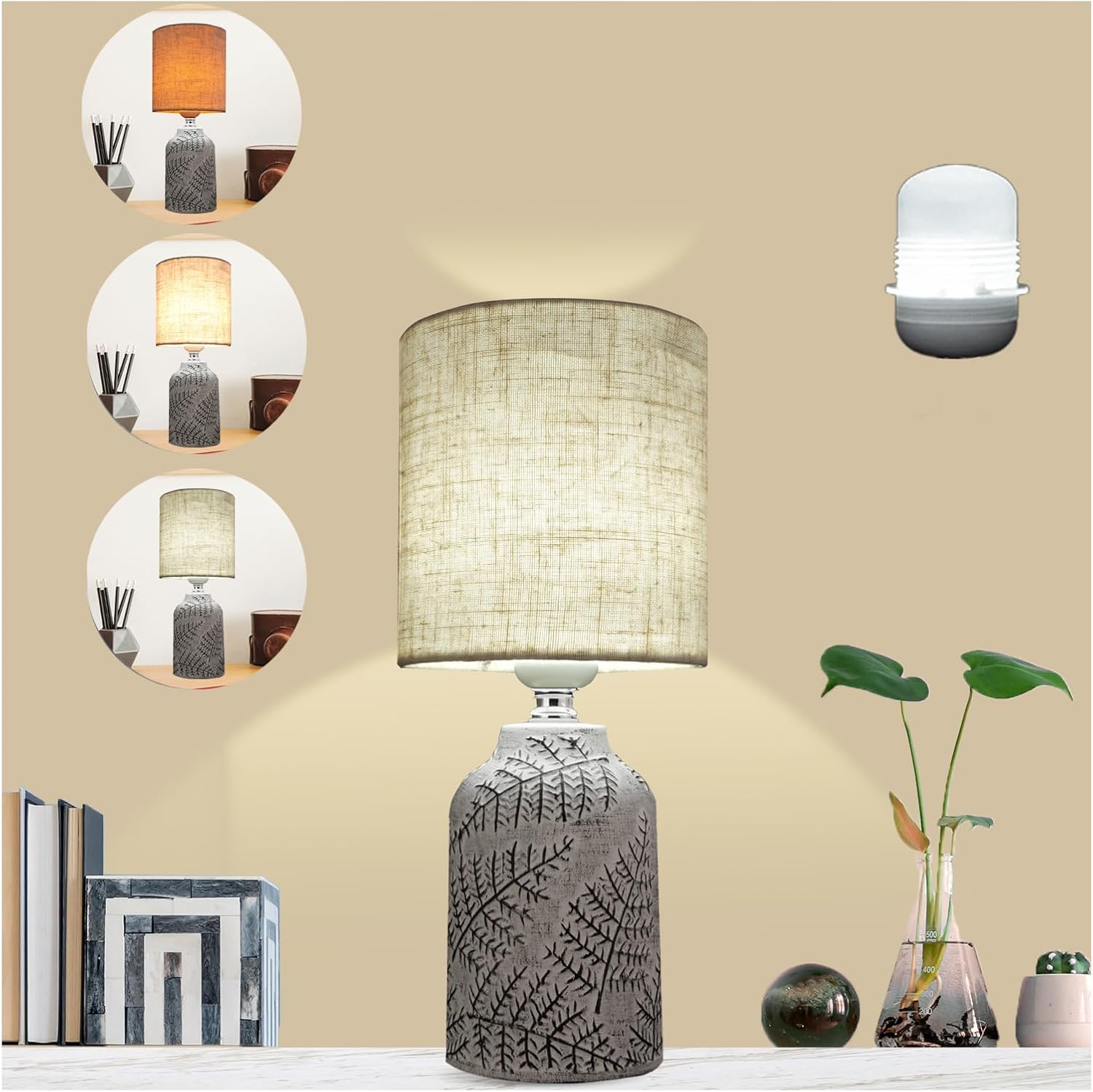 AIDENOEY Small Table Lamp for Bedroom -Bedside Desk Reading Lamps with 3 Way DimmableTouch Control,Nightstand Ceramic Lamp with Fabric Shade for Kids Room,Living Room,Dorm,Home Office(Grey+B