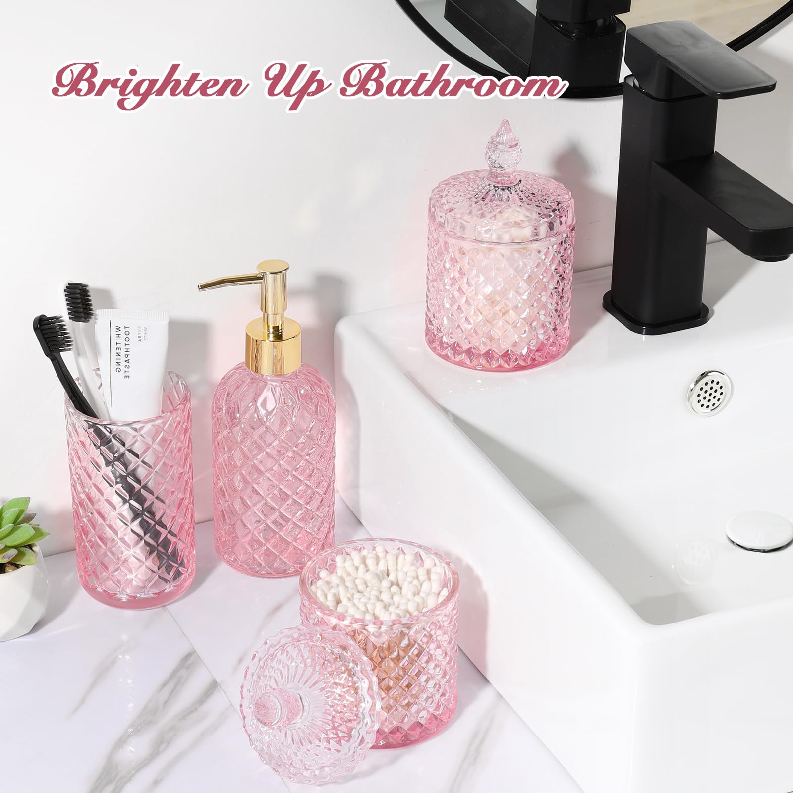 RYTOXILO Set di accessori da bagno rosa, confezione da 4 pezzi, set completo di accessori per la decorazione del bagno, dispenser di sapone in vetro diamantato e portaspazzolino, set per organizer da