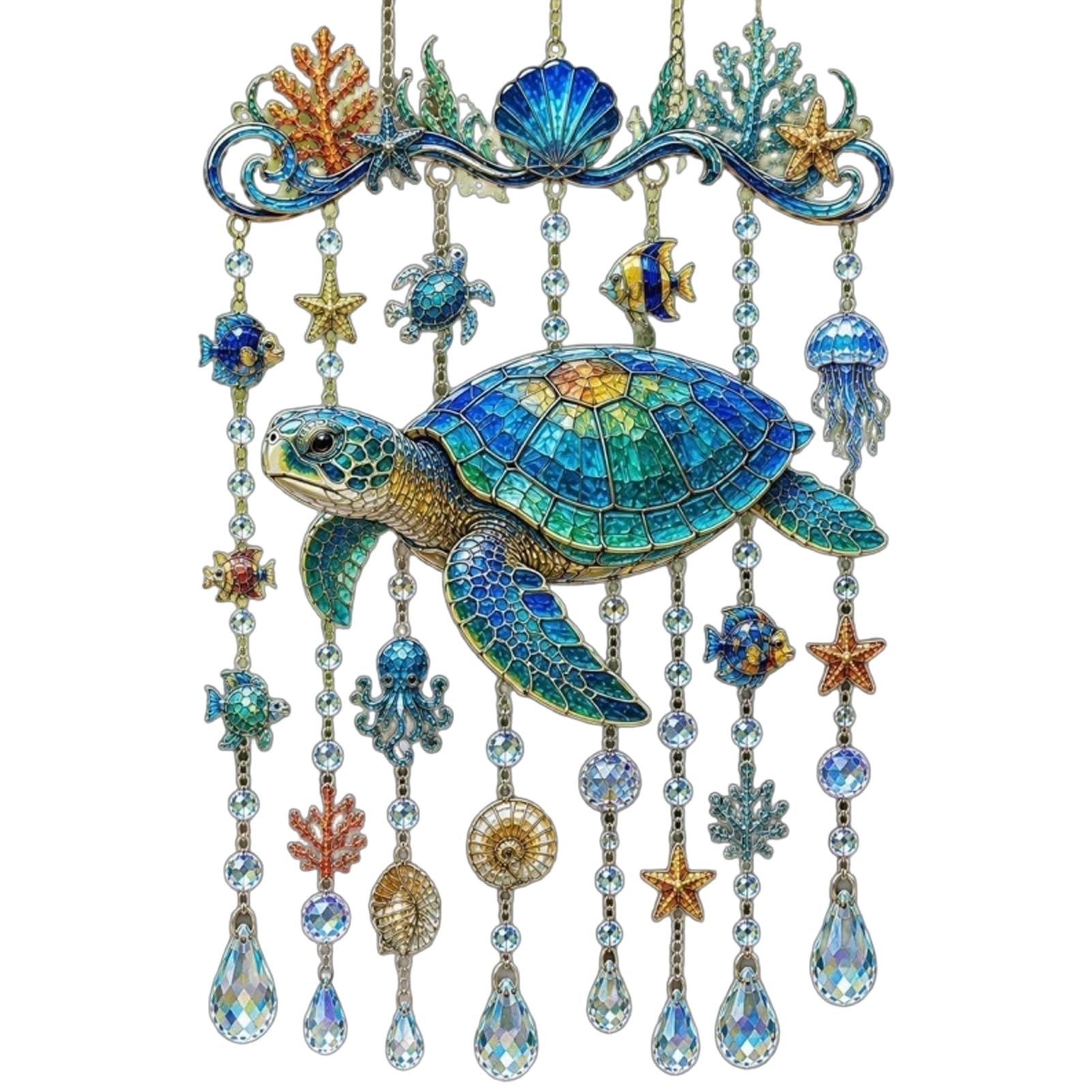 ZhzeYun Crystal Wind Chime - Ocean-Themed Stained Acrylic Sea Turtle Hanging Suncatcher with Prism Drops, Coastal Beach Decor for Garden Patio Porch WindowA
