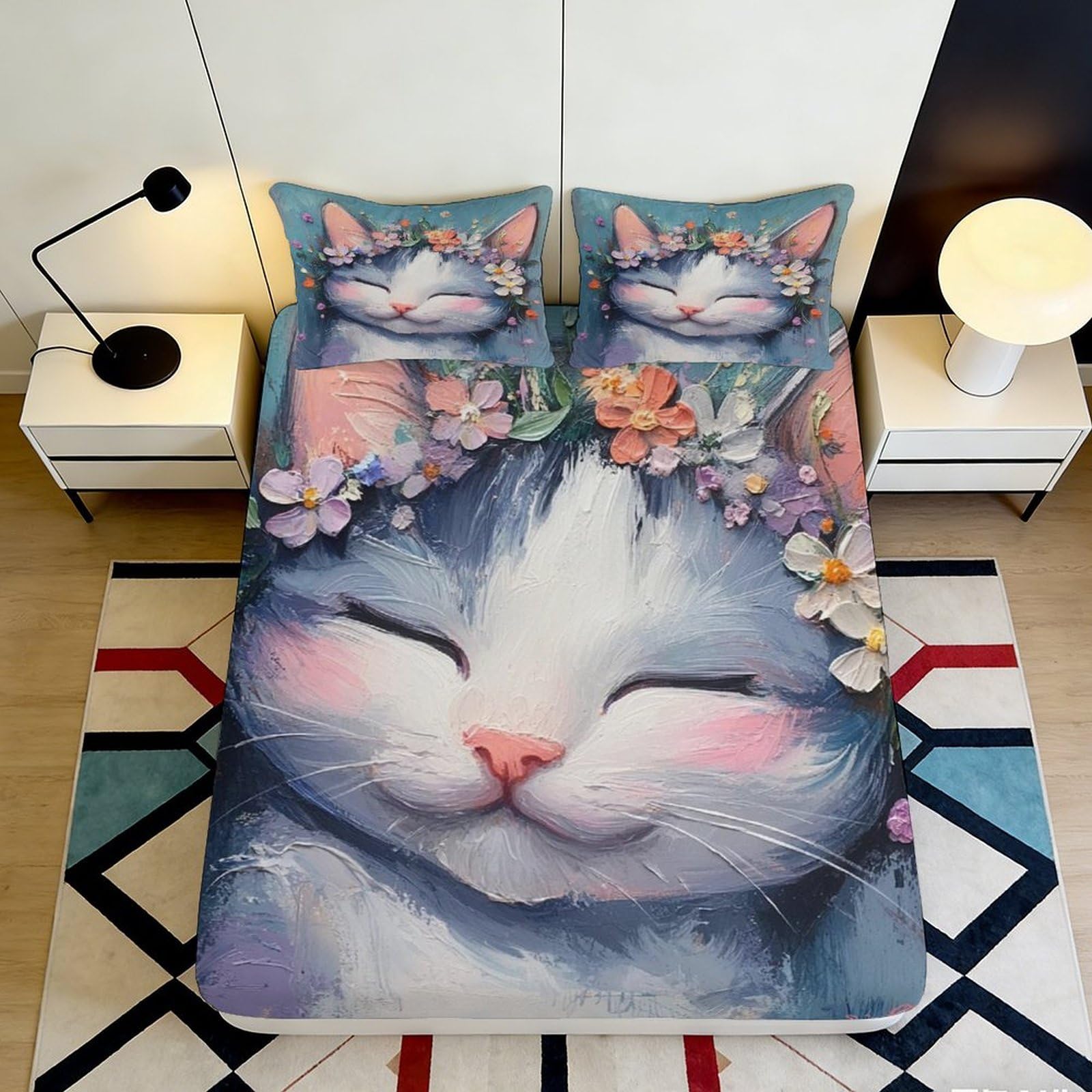 Pnayamiorkfel Style-6 3D Printed Flower Cat Fitted Sheet Microfiber Soft Bedroom Decor Cute Animal Bed Cover For Adult Teen Guest Room 90X200x25cm