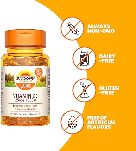 Miniatura 4 de Sundown Vitamina D3 para apoyo inmunológico sin OMG sin lácteos sin gluten sin sabores artificiales 25 mcg de cápsulas blandas de 1000 IU 400