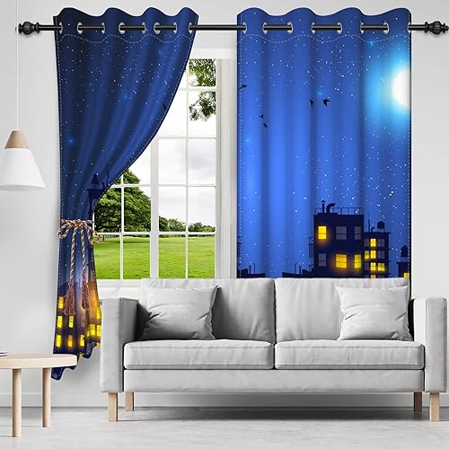 Miniatura 2 de Cortinas de superhéroe de 21 x 54 pulgadas, diseño de dibujos animados, cómic, edificios de ciudad, edificios, 2 paneles de oscurecimiento de