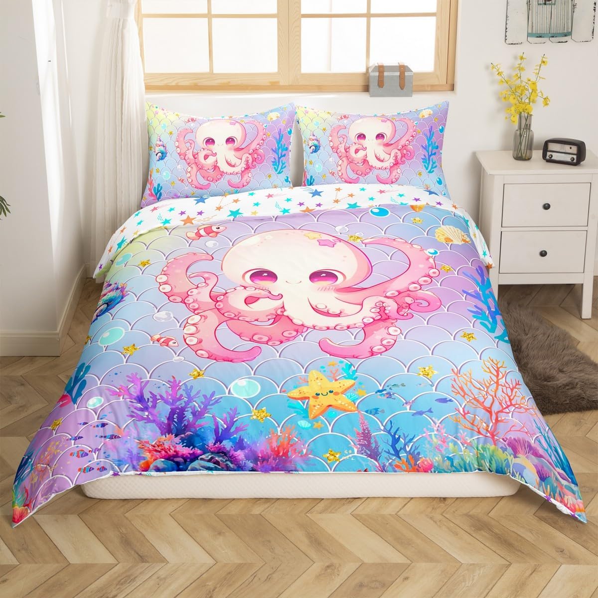 Pink Octopus Duvet Cover Set Toddler Size,Lovely Sealife Coral Watercolor Reversible Quilt Cover for Kids Boys Girls Blue Purple Mermaid Scale Print Bedding Set with 1 Pillowcase,No Comforter