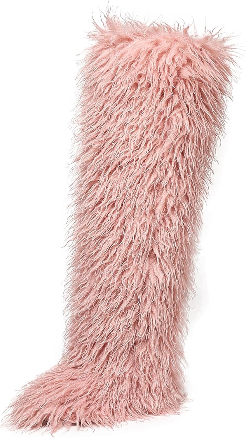 Women's fur knee-high boots, Y2K over-the-knee fur boots, fluffy flat fur boots, height 28in