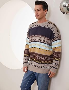 Gihuo Men Vintage Striped Sweater Grandpa Fall Winter Pullover