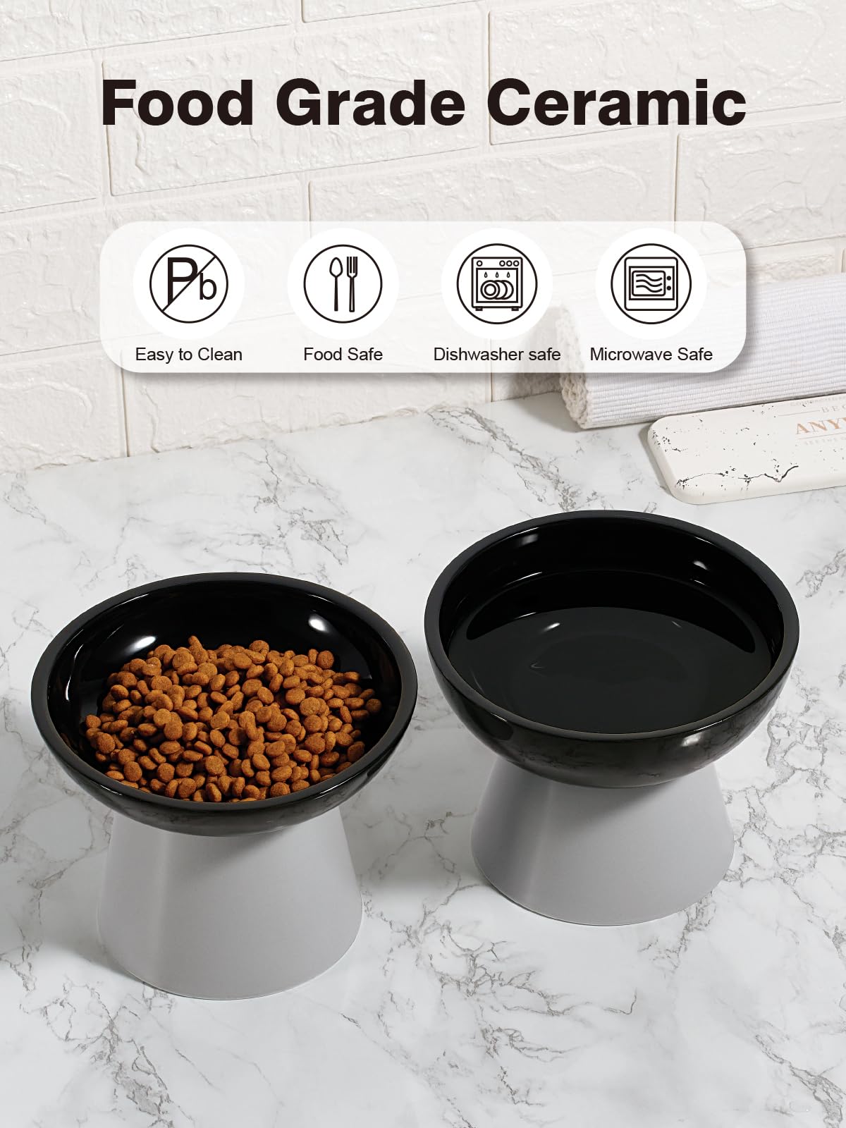 LoeJan Lot de 2 gamelles surélevées pour Chat - Mangeoire en céramique Extra Large et surélevée - Gamelle Anti-vomissement sans Moustaches - pour Chatons Adultes et Petits Chiens (Noir)