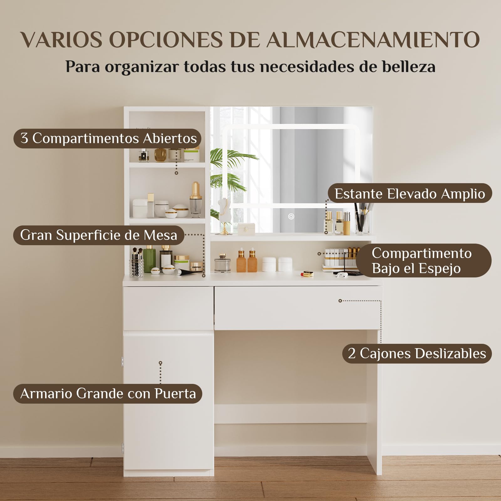 Devoko Tocador de Maquillaje con Taburete y Luces LED, Brillo Ajustable, Mesa de Maquillaje con Grande Espejo y 3 Estante Abierto, 2 Cajones y Armario Lateral, Moderno para Dormitorio Blanco