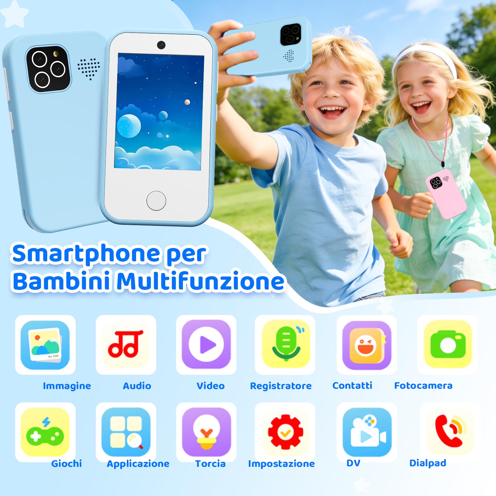 CHAKEYAKE Telefono per Bambini, Smartphone Bambini 4G Sbloccato con Chiamate, Touch Screen, Doppia Fotocamera, Giochi Educativi, Lettore Musicale, Regalo per Ragazzi e Ragazze 3-9 Anni, Blu