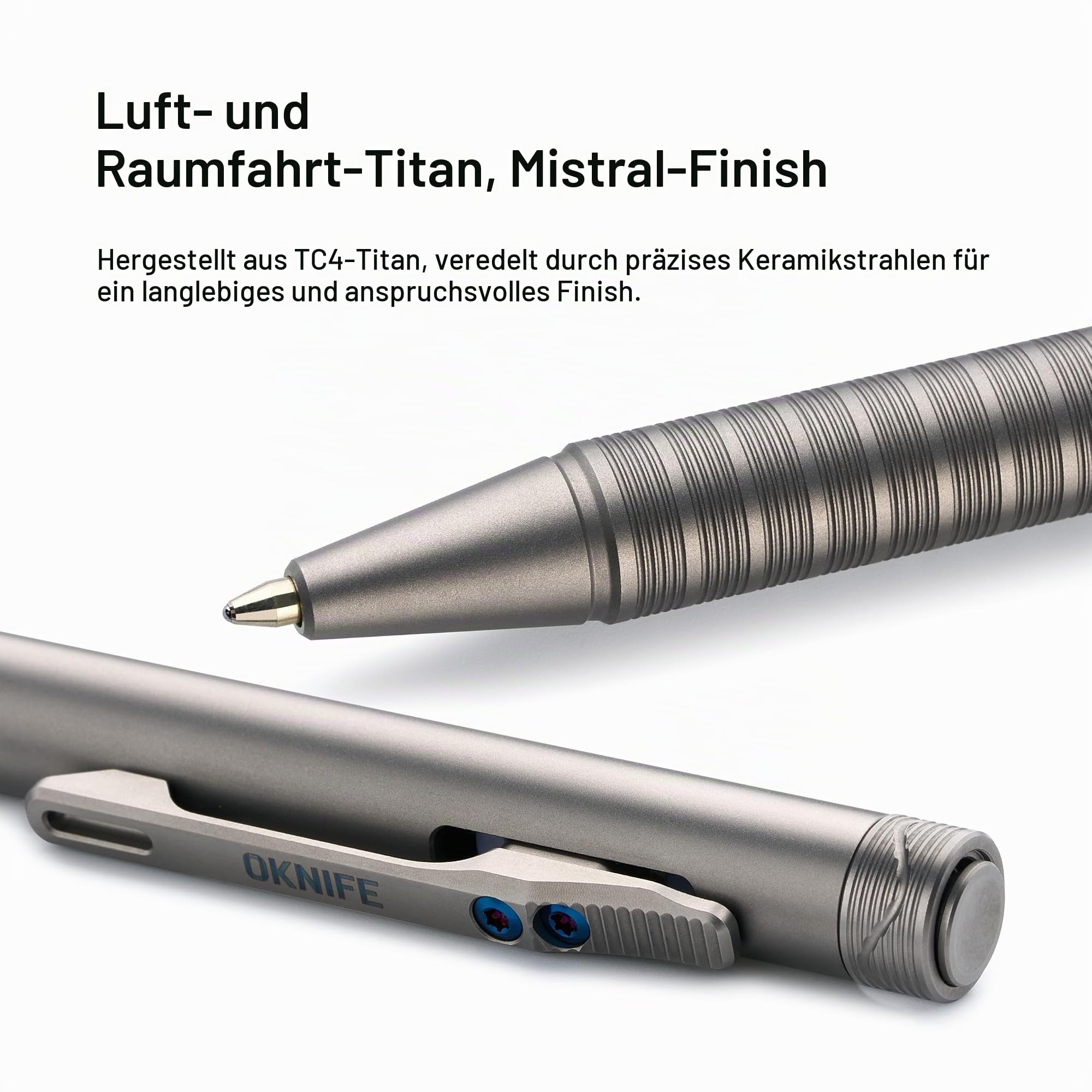 OKNIFE B1 Ti Titan EDC Kugelschreiber mit Clip 2 Minen Büro Arbeit | Leichter Titan Stift mit praktischem Betätigungsmechanismus, 2 Minen für Büro und Arbeit,Taschenkugelschreiber