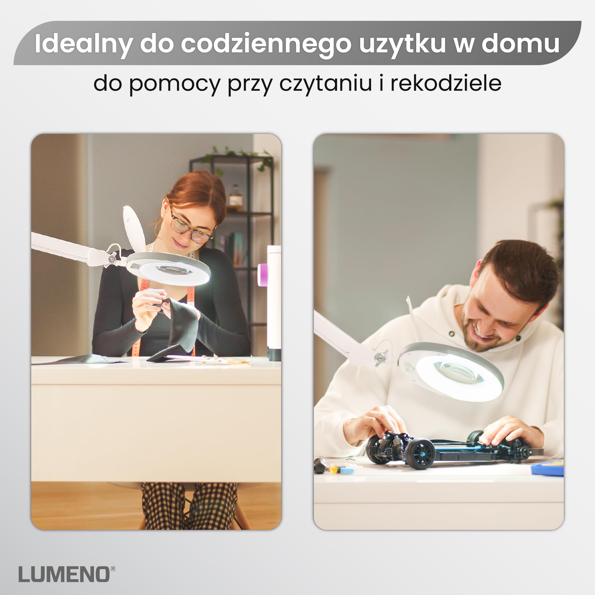 Lumeno 7218GR LED Lampa powiększająca z prawdziwego szkła 127 mm, lampa do pracy, lampa kosmetyczna, odpowiednia dla kosmetyczek, hobbystów, pomoc do czytania, lampa z lupą, 8 dioptrie, szary