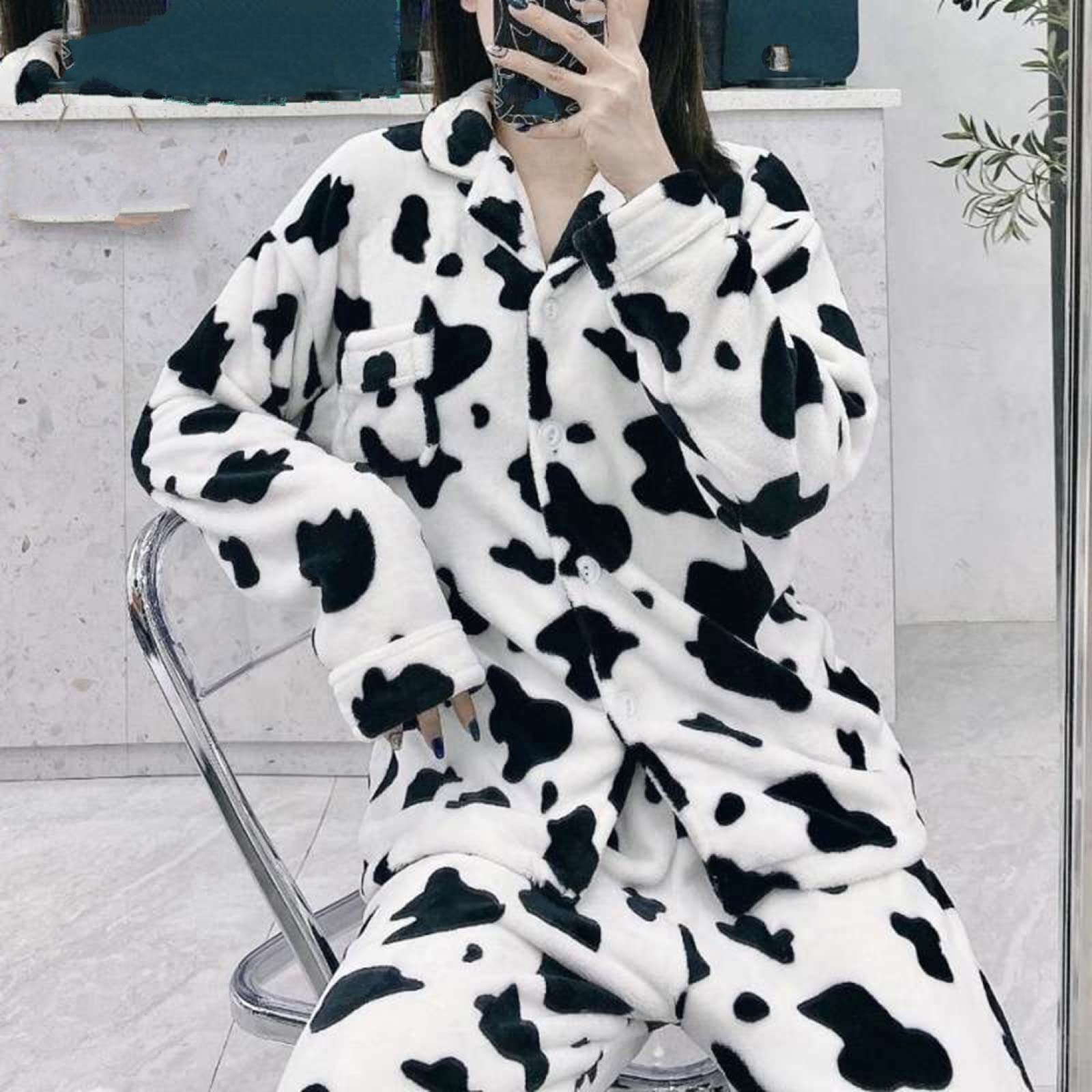 Damen Schlafanzug Pyjama,Winter Womens Supersoft Coral Fleece Twosie Pyjama, Samt-Kuh-Print-Pyjama, Warme Lange Ärmel + Hose, Retro Dickes Revers Lässige Heimkleidung