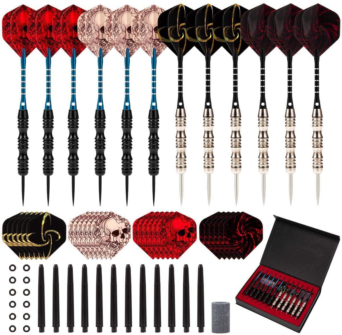 POFET fléchettes à pointe en acier 22 g corps fer antidérapant tiges aluminium 4 styles ailettes boîte cadeau