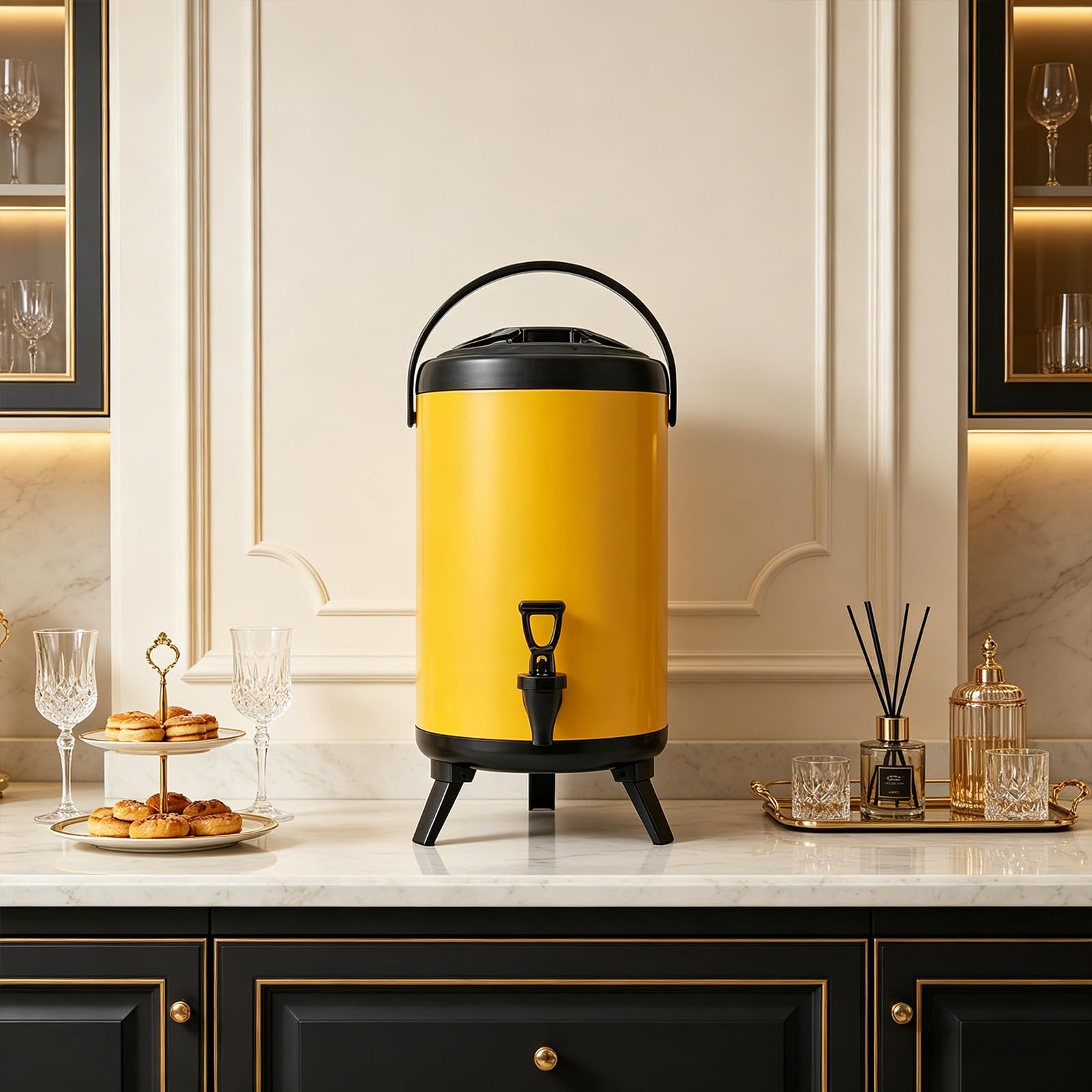 Distributore di bevande isotermiche 10L, fontana per bevande in acciaio inox giallo, per caldo freddo, capacità 8 l, conservazione 4-8 ore, con rubinetto pratico, ideale per feste di matrimonio