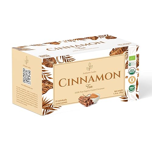 Authentic Lanka Caja de 25 bolsitas de té de canela de Ceilán 100% auténtico, sin cafeína, té de hierbas de canela dulce orgánico, vegano, USDA