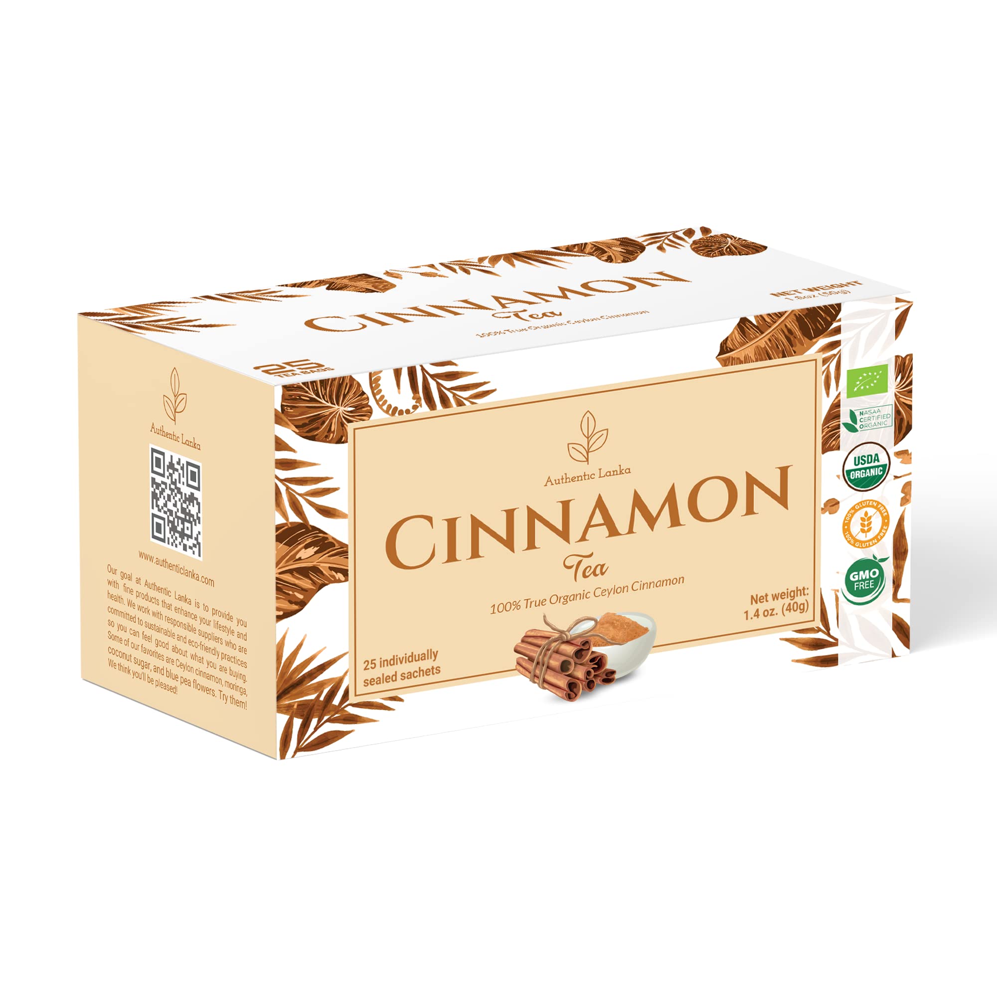 Authentic Lanka100% True Ceylon Cinnamon Tea 25 Sachets Box - Caffeine Free, Organic Sweet Cinnamon Herbal Tea, Vegan, USDA Organic, Non GMO, Sri Lanka (Ceylon) OriginUSDA Organic
