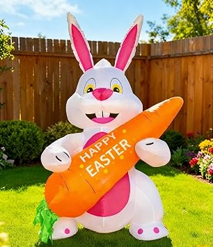 5FT Easter Inflatables Bunny with Carrot - LED Light Up Blow Up Yard Decor, Cute Squatting Pose Design, Quick Self-Inflating Outdoor Easter Decorations for Lawn Porch Patio Party Spring Photo Prop