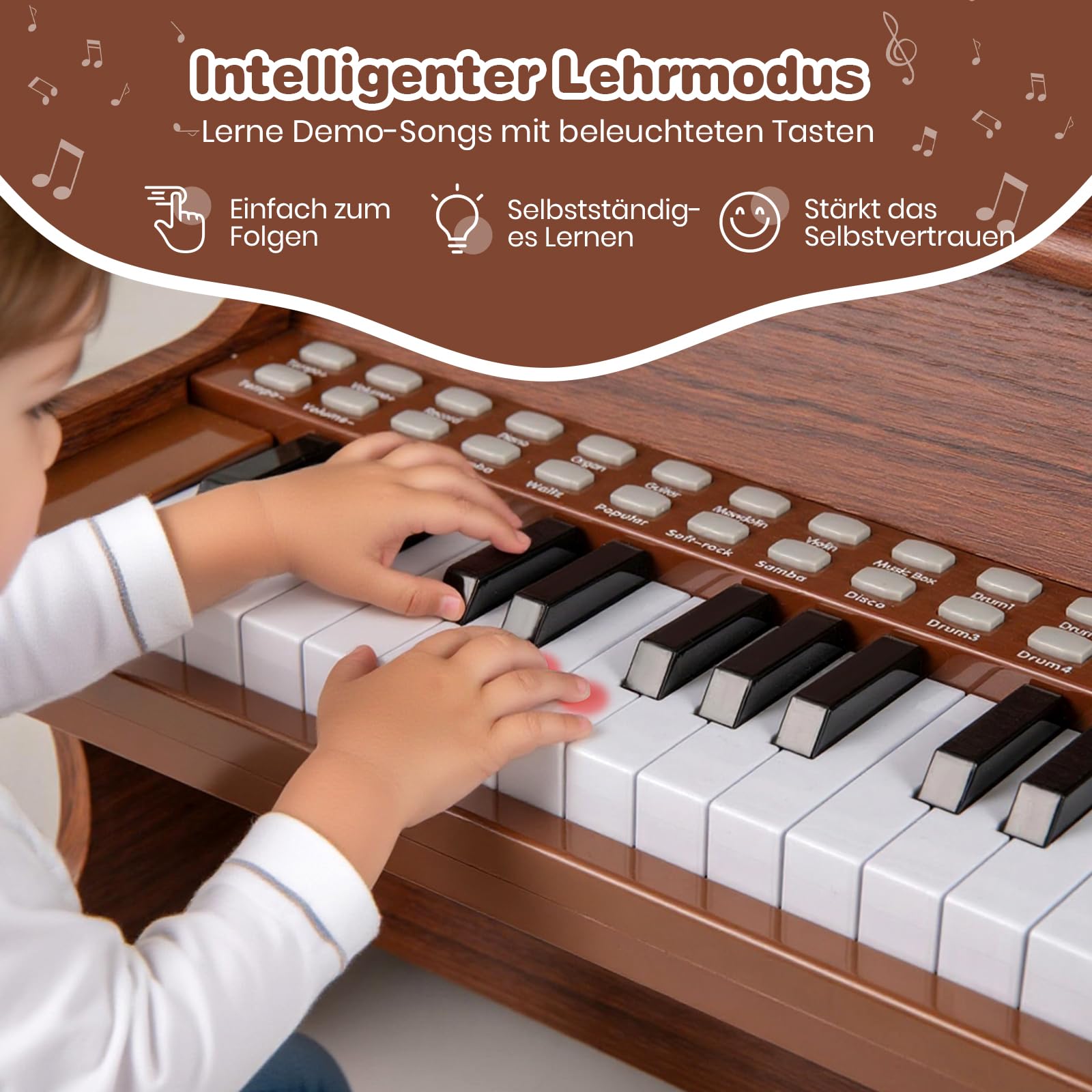 GOPLUS Klavier Kinder, 25 Tasten Leuchttasten-Piano, elektrisches Holzklavier mit abnehmbarem Notenhalter, Lehrmodus, einstellbare Lautstärke, Musikinstrument für Kinder ab 3 Jahren (Braun)