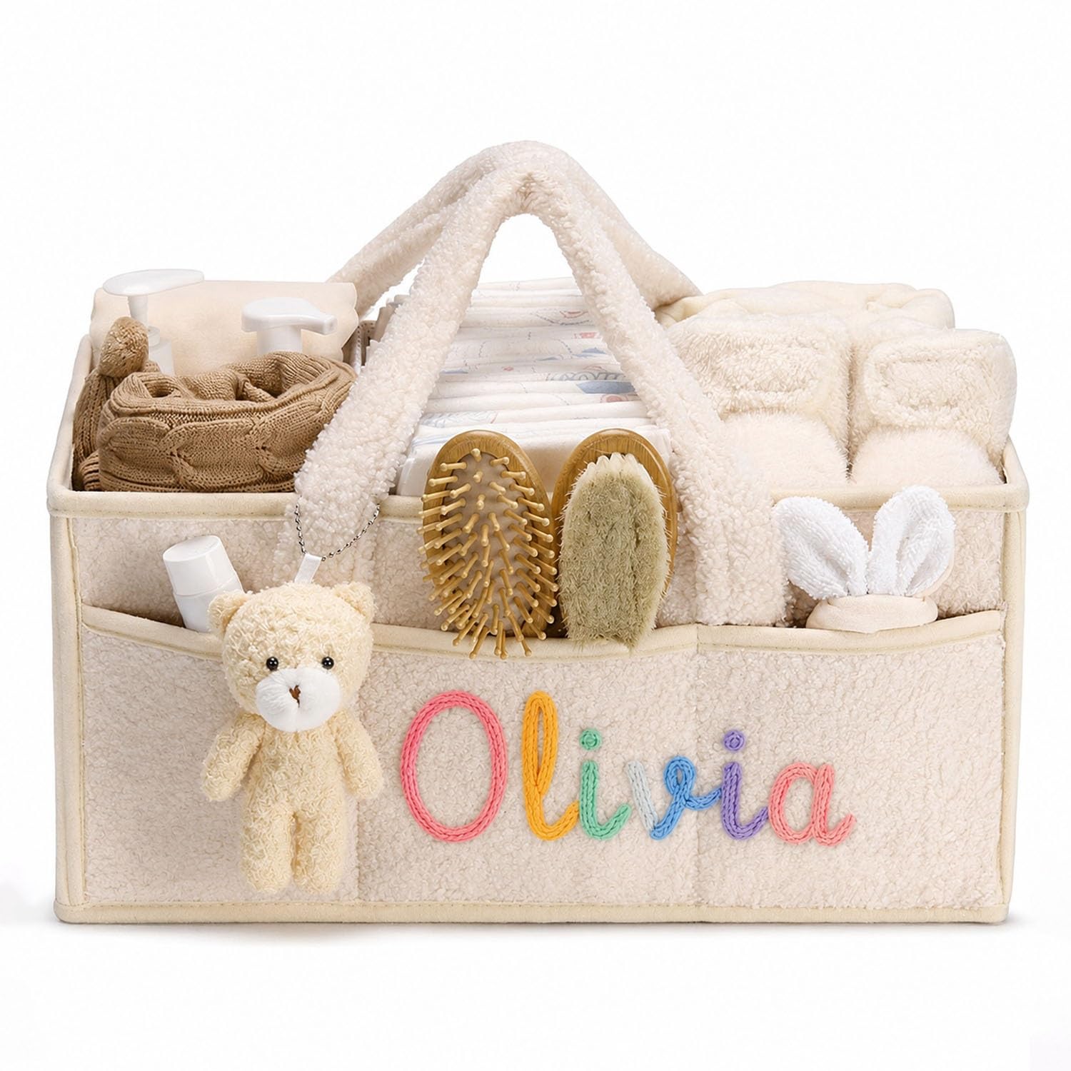 Personalized Plush Baby Diaper Caddy Organizer - Custom Name Nursery Storage Basket, Soft Portable Diaper Bin With Removable Dividers For Newborn Registry(White)