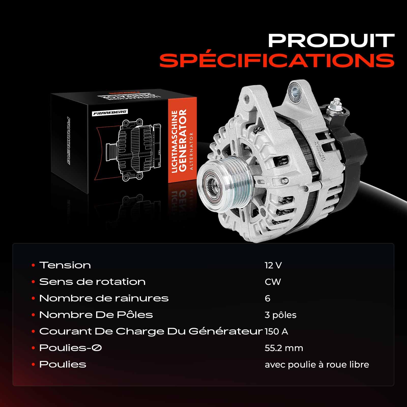 Frankberg Alternateur-générateur 150 A 37300-2F100 | Compatible avec: Sportage SL, Sorento II XM, Santa Fe II CM, iX35 EL ELH LM, Santa Fe III DM DMA, Grand Santa Fe