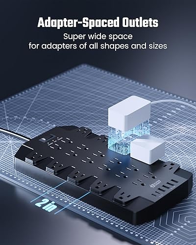 Miniatura 3 de SUPERDANNY 2100J - Protector de sobretensiones con 22 tomacorrientes, 2 USB-C y 4 USB-A, cable de extensión resistente de enchufe plano de 6.5 pies