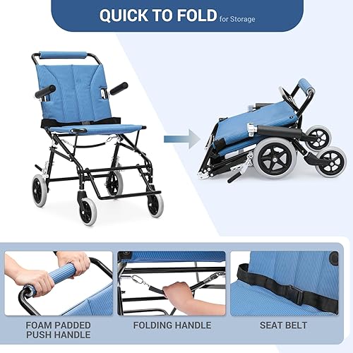 Miniatura 8 de Silla de ruedas ligera para adultos, asiento plegable de transporte de 18 pulgadas, silla de ruedas plegable con reposapiés elevable para viajes de