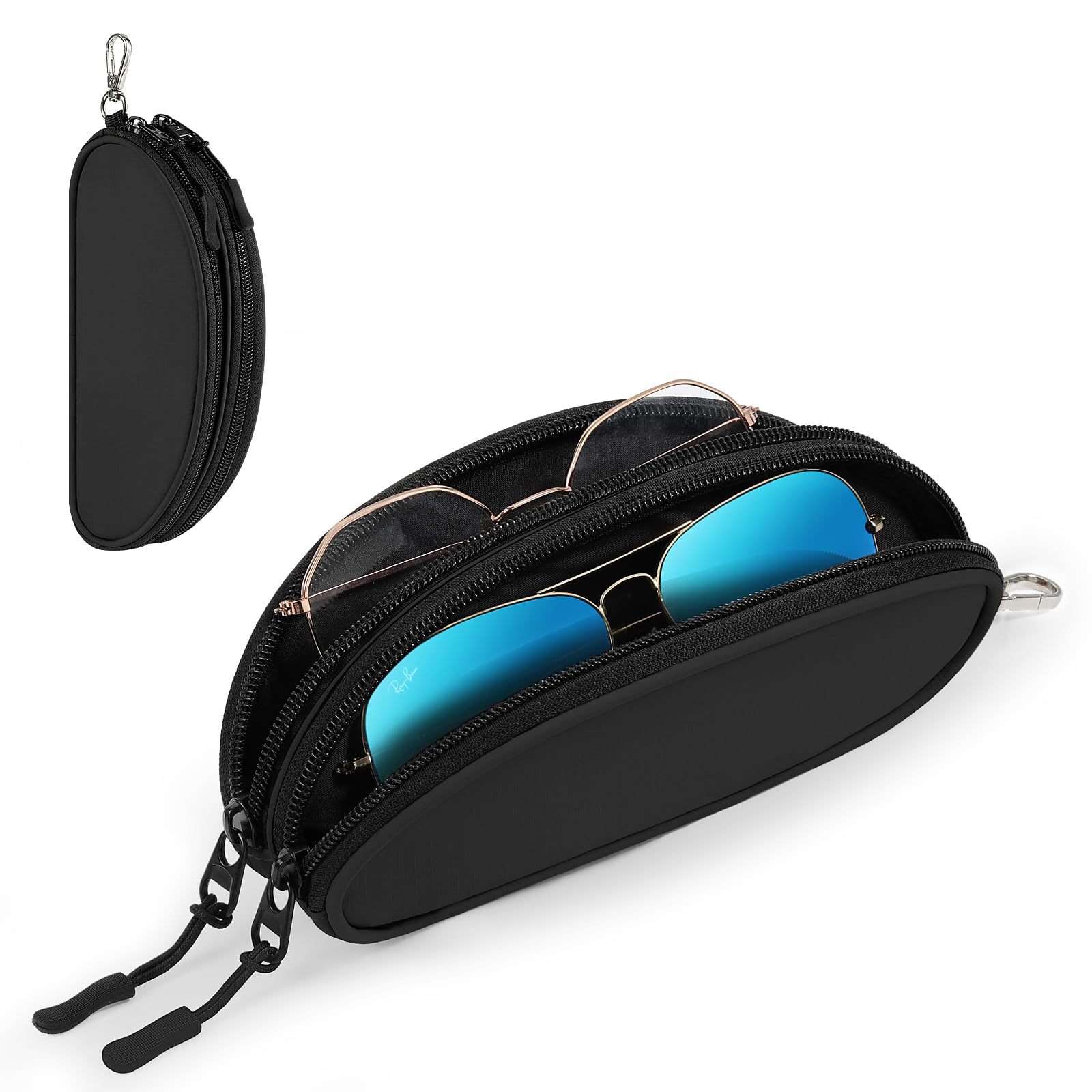 MoKo Doppelte Brillenetui, Weiche Sonnenbrillen-Tasche mit Metallclip und Reißverschluss, Tragbares Reise-Doppel-Etui für Herren und Damen