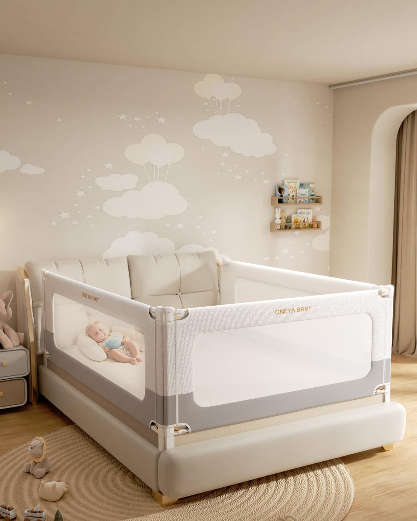 3 Piece Bed Rails for Queen Bed, No-Drill Needed Baby Bed Rail Guard for Toddlers with Height Adjustable, Thickened Child Safety Side Railing Guards/Bedrail for Kids, White/Grey, 60x78.7x78.7in