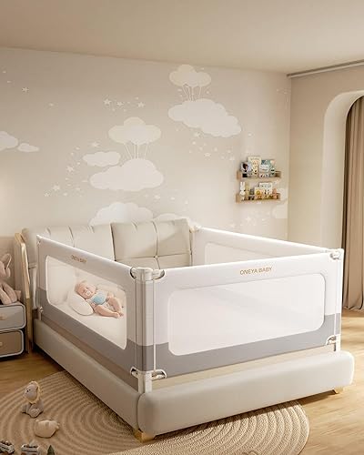 3 Piece Full Size Bed Rails for Toddlers, No-drill Needed Baby Bed Rail Guard with Height Adjustable, Thickened & Reinforced Child Safety Side Railing Guards/Bedrail for Kids,White/Grey, 54x78.7x78.7” - 3 Sides for Full Size(No-Nail Required) - Grey/White