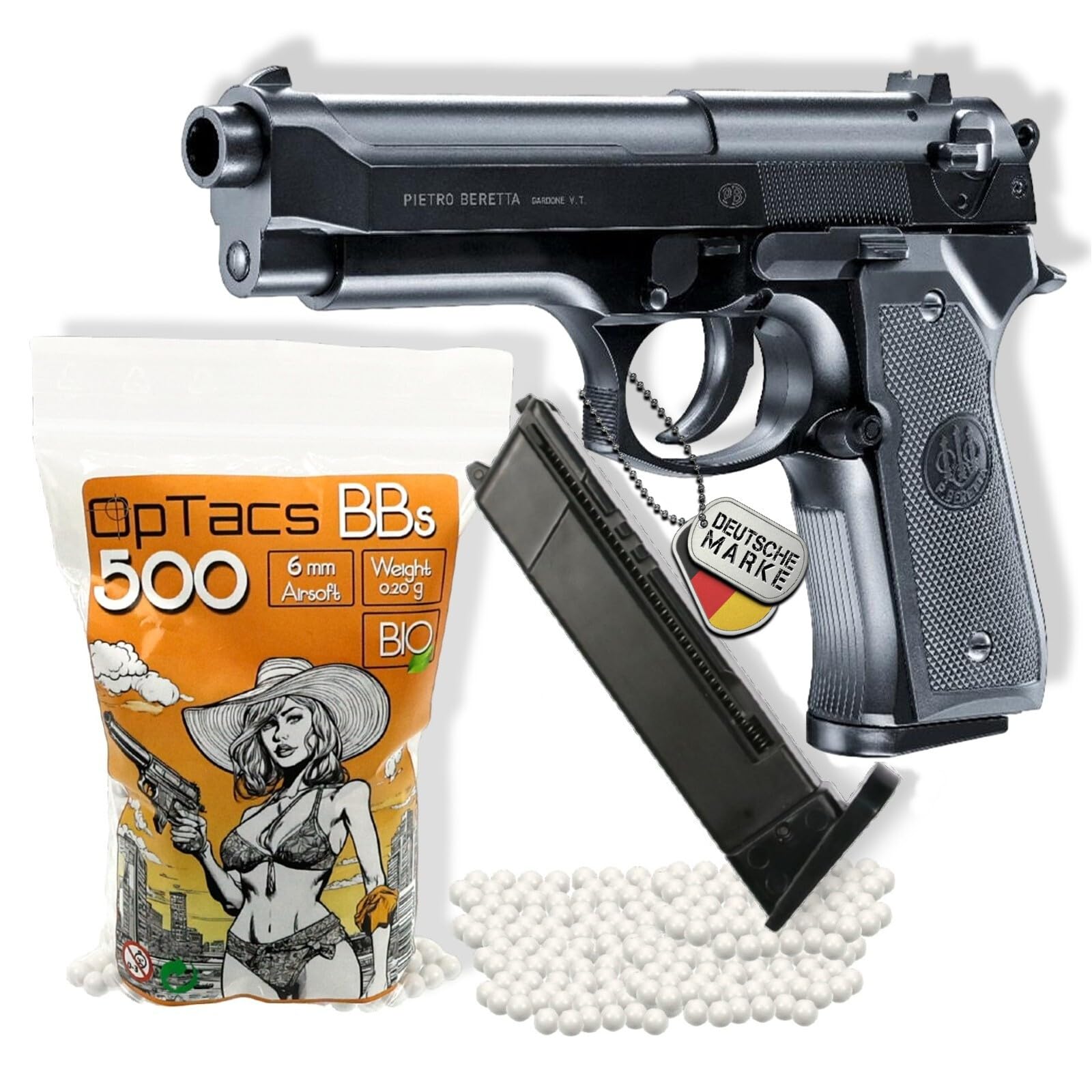 Set Beretta MOD. 92 FS Softair Pistole 0,5 Joule Airsoft inkl. 600 Bio BB's & Magazin - Air Soft Waffe mit Metallschlitten