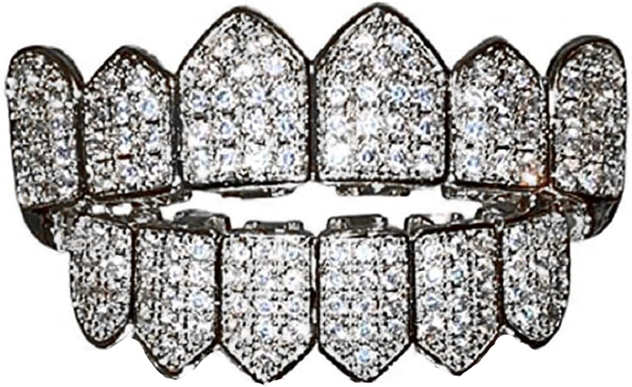 18K White Gold Plated CZ Cluster Custom Slugs Top Bottom GRILLZ Fangs Mouth Teeth Grills Set - Grillz, Teeth Cap, Iced Out Grillz (Bottom)