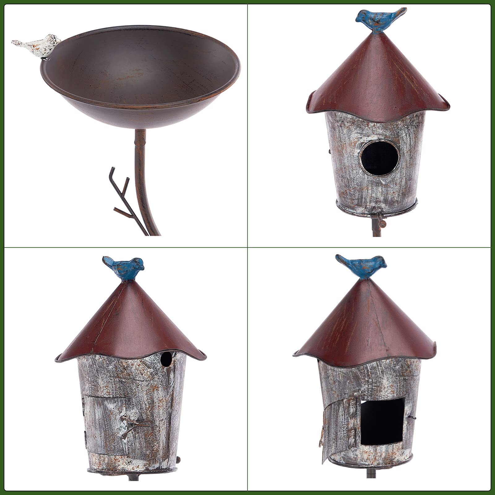 Vogeltränke und Vogelhäuser mit Stange, Distressed Metall Vogeltränke Schale und Vogelhaus Pfahl für Outdoor Garten Hof Dekoration (Vogelbäder/Vogelhäuser-A)