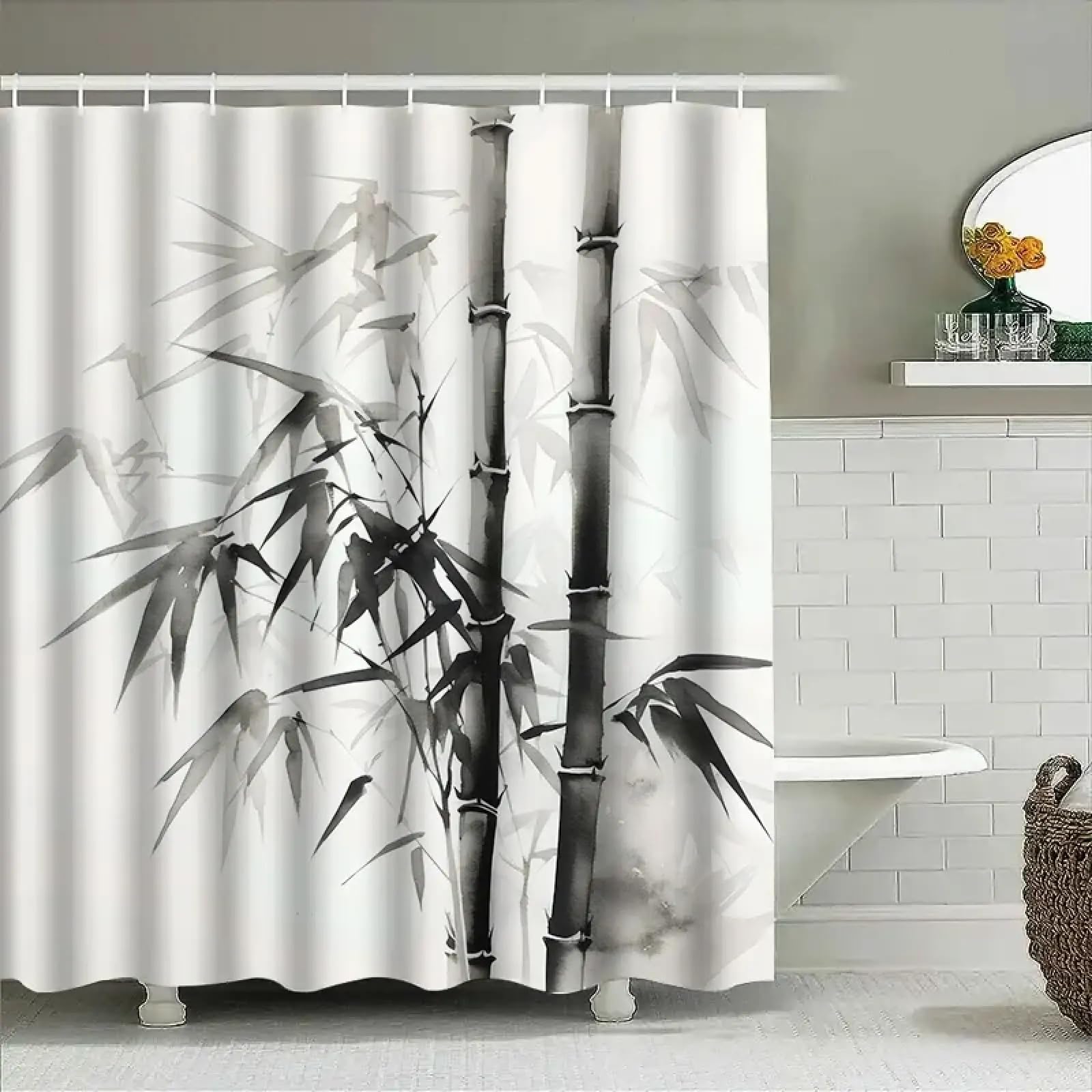 Rideau de douche en bambou et tapis de bain long imprimé aquarelle noir et blanc 140x320 cm