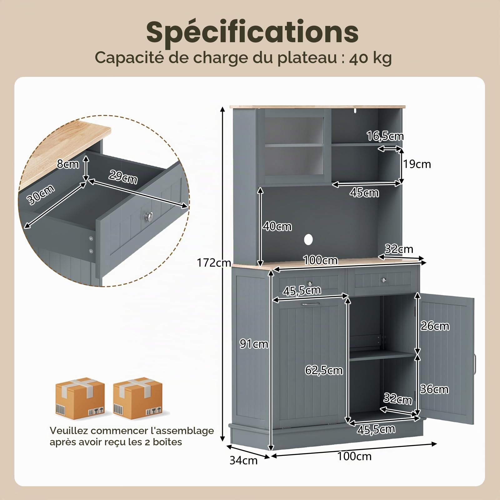 KOMFOTTEU Buffet Haut avec Support pour Poubelles, Colonne de Cuisine avec 2 Tiroirs & 2 Armoires à Portes, Meuble Rangementd de Cuisine, Plan en Bois Massif, 100 x 34 x 172 cm (Gris)