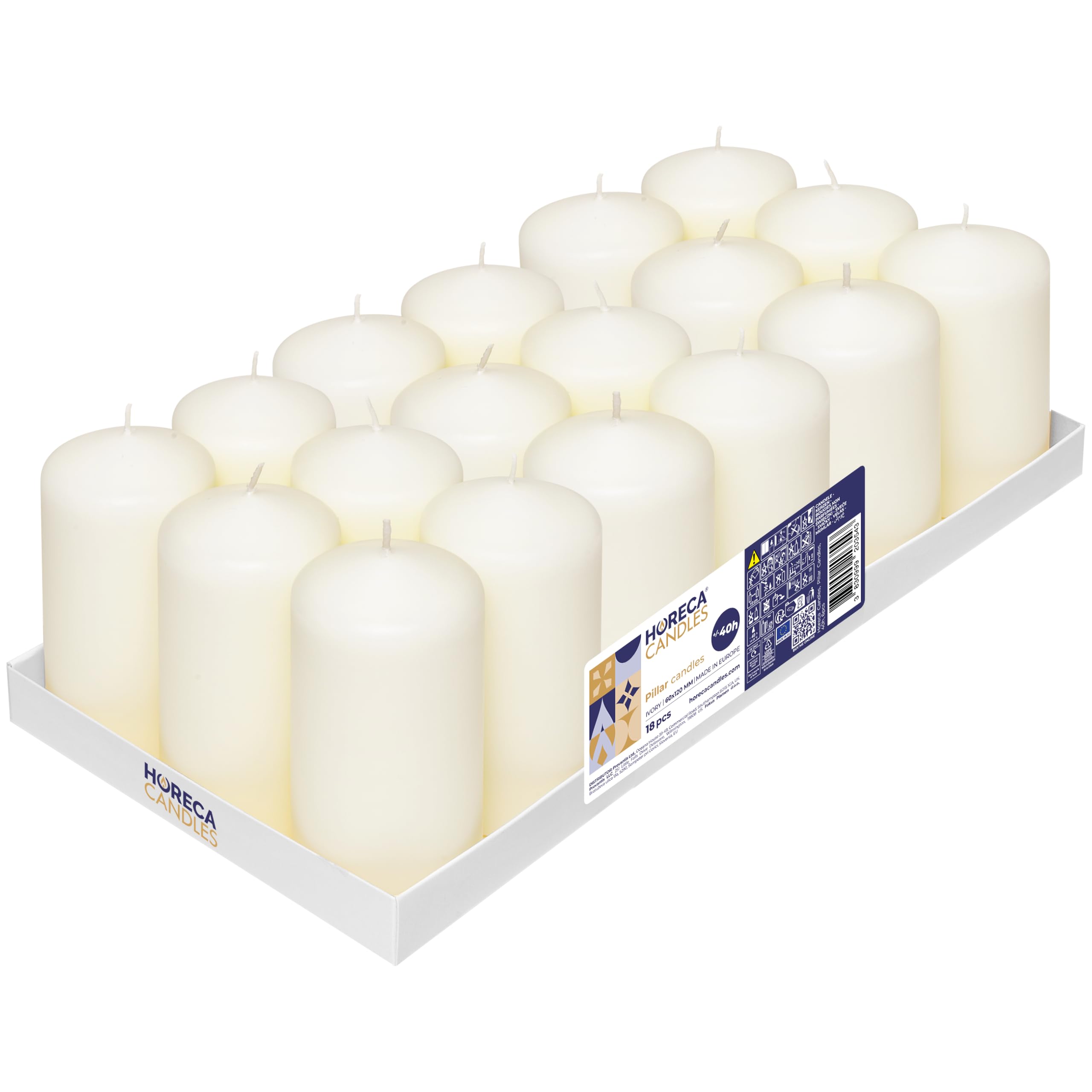 Horeca Candles - Stumpenkerzen - Elfenbein - Ø 6 x 12 cm - 18er Set Blockkerzen - Lange Brenndauer 40 Stunden - Ohne Duft - Kerzen für Haushalt, Feiern und Gastronomie