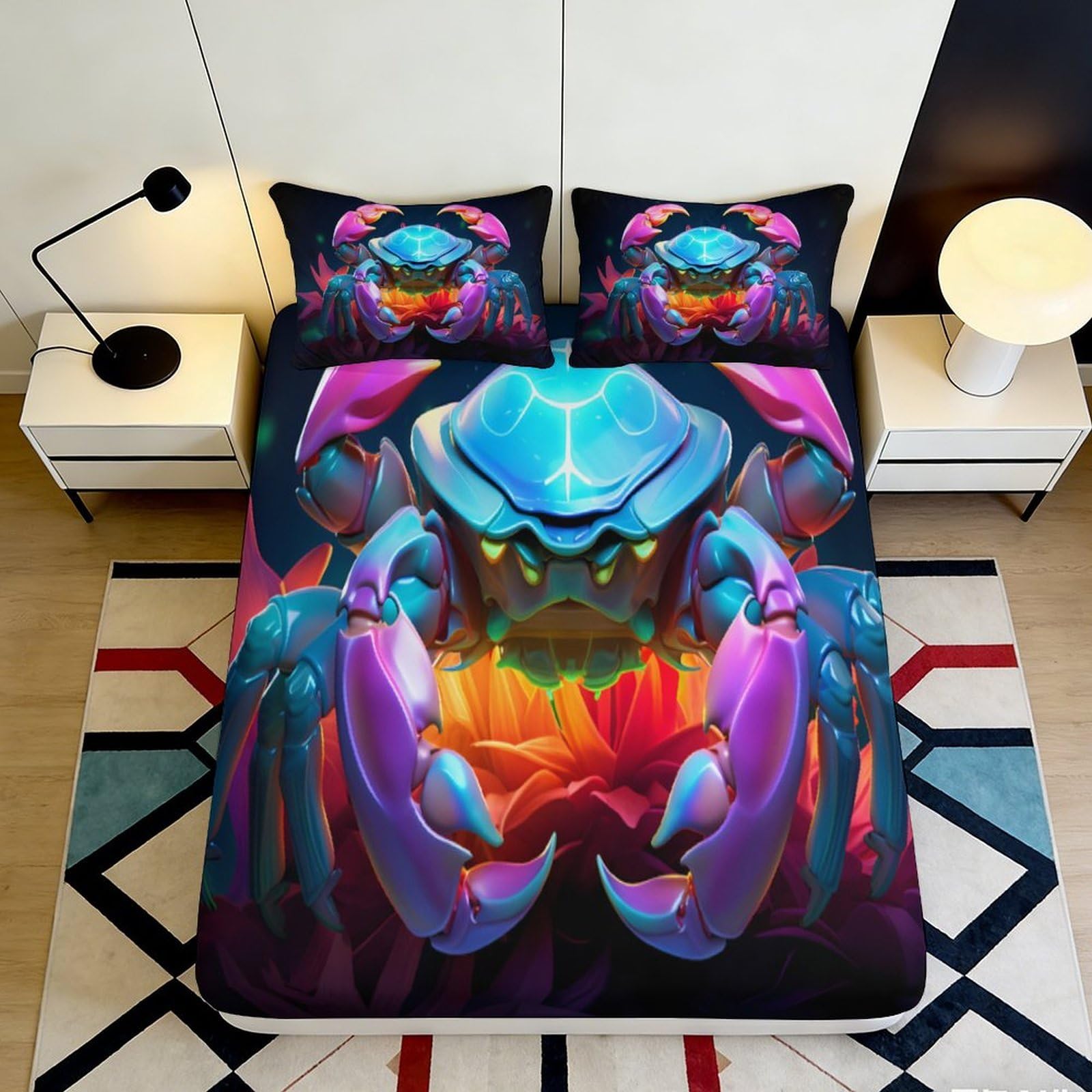 3D Printed Neon Crab Fitted Sheet Microfiber Vibrant Abstract Bed Cover for Bedroom Dorm Decorative Mattress Protection 90x200x25cm