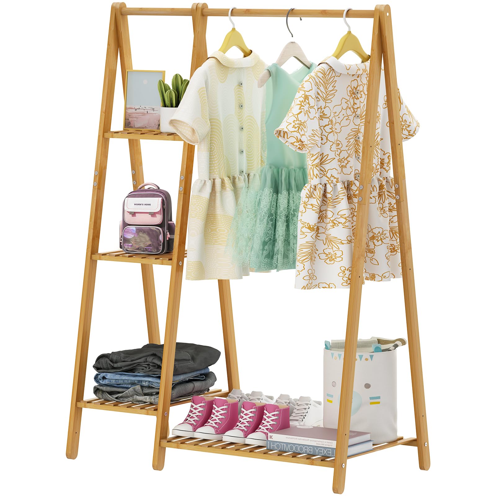Bamboo Small Clothes Rack,Kids Clothing Rack, Mini Wooden Garment Rack with Shelves, Short toddler Dress Up Costume Racks for Hanging Cloth,Free Standing,Narrow