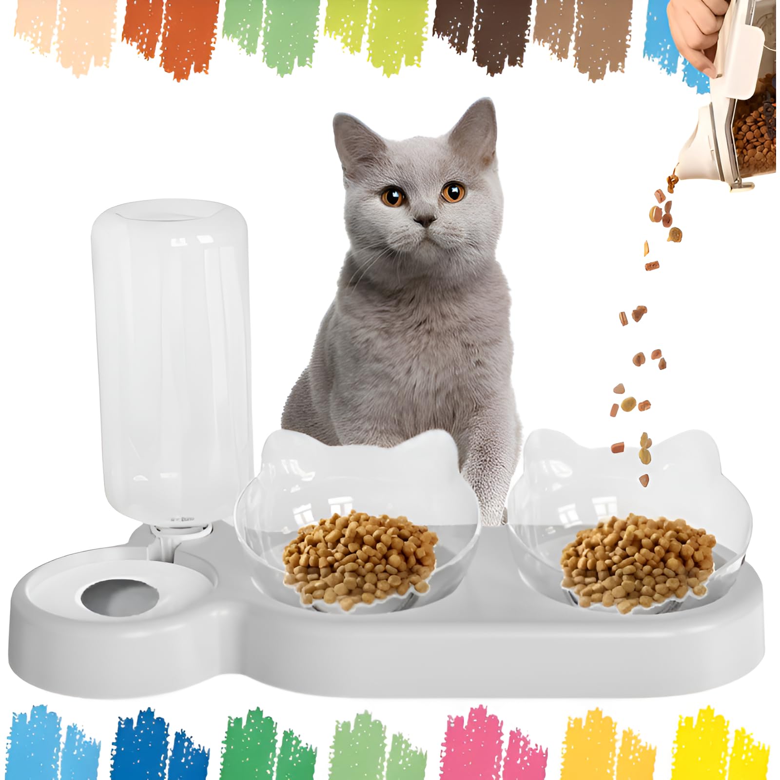 Comedero Gato - Bebedero Gatos - Transparente - Tazón Doble Ajustable - Cuenco con Soporte Elevado, Agua y Comida - Cuencos 360° y 15° de Inclinacion - Dispensador Automatico de 500ml (Blanco)