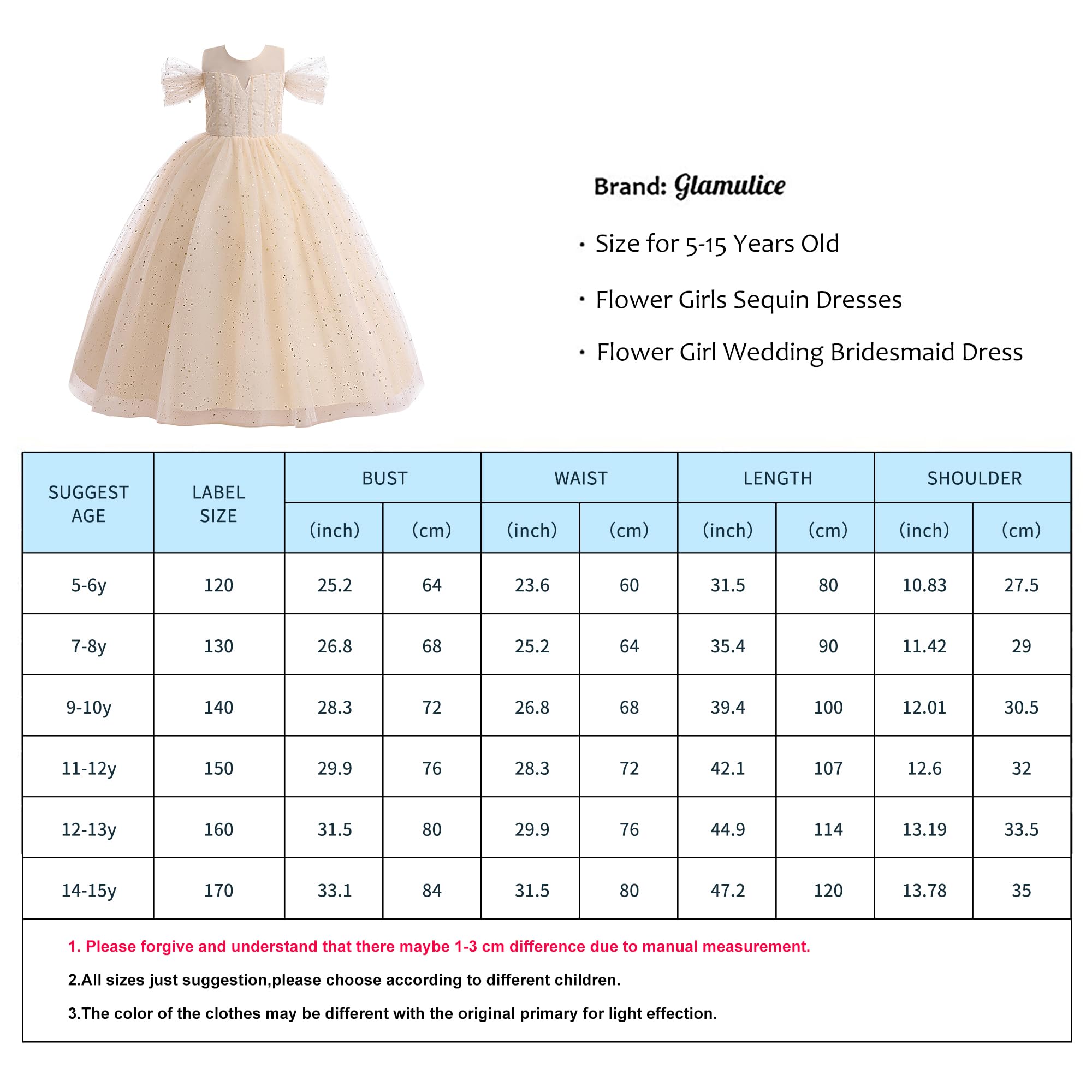 Glamulice Big Girls Princess Sparkle Tulle Dress Flower Girls Formal Dresses Lace Champagne Off Shoulder Vintage Bridesmaid Dance Ball Gown Wedding Pageant Holiday Prom Party Gown 15 14