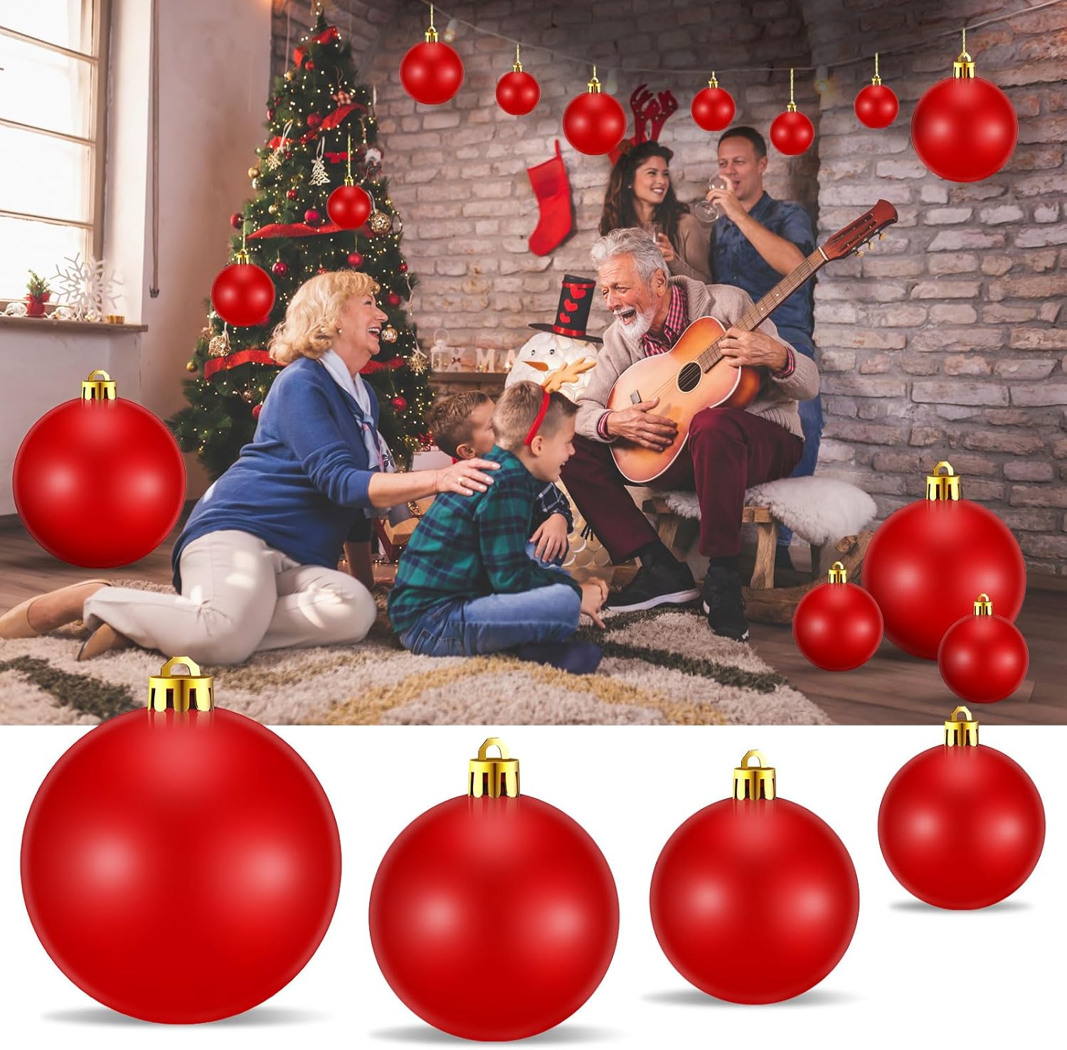 Marsui 24 Pcs Giant Christmas Balls Ornaments Extra Large Outdoor Red Christmas Ornament 8'' 6'' 3'' 2'' Large Xmas Balls Bulk Plastic Shatterproof for Xmas Tree Lawn Yard Porch (Shiny)