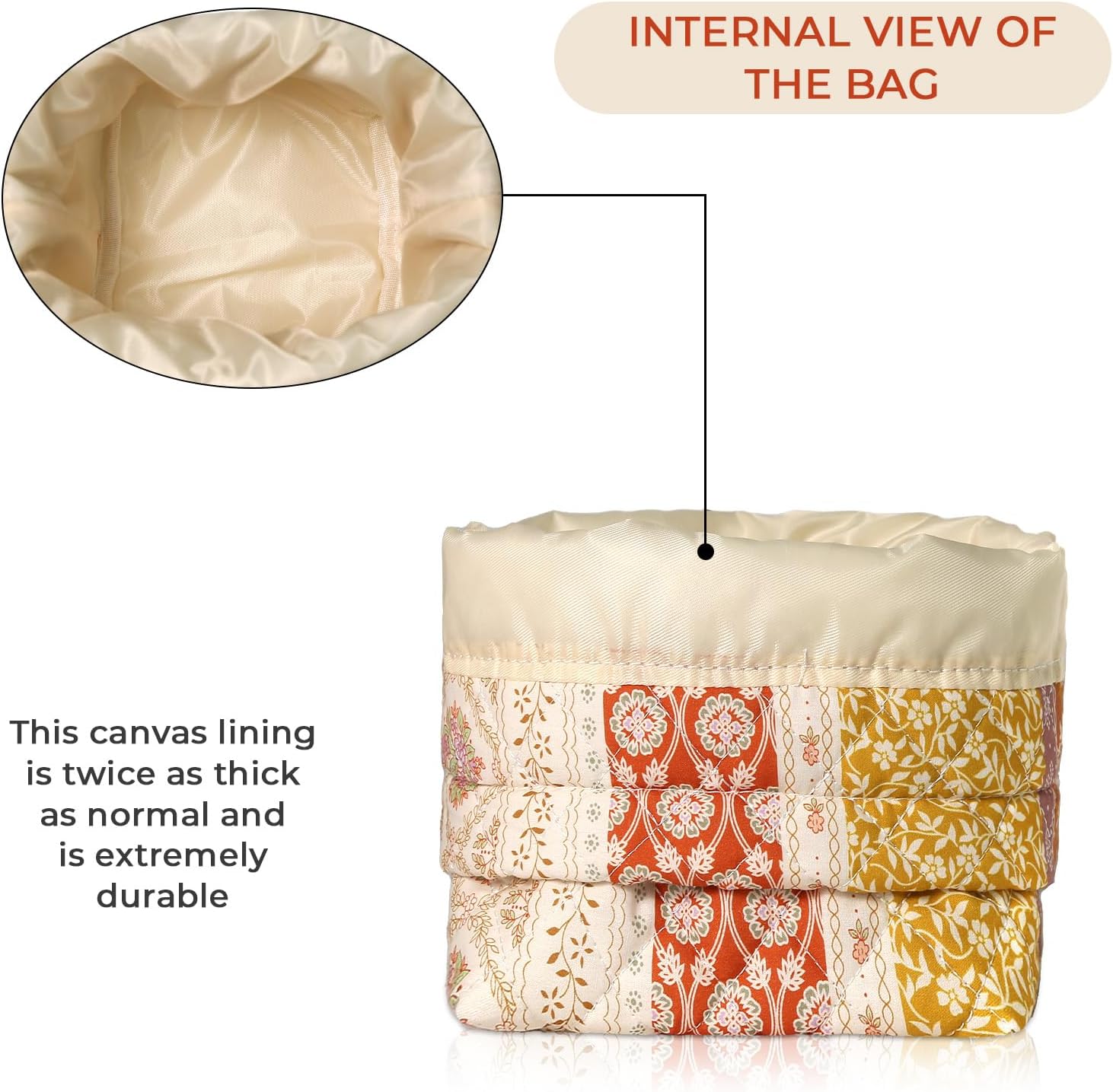 Gosect Makeup Bag, Quilted Cosmetic Bag Set, Drawstring Makeup Bag with Canvas Lining, Large Floral Toiletry Bag for Women Girls, Cute Cotton Flower Travel Organizer Bag (Floral Flower