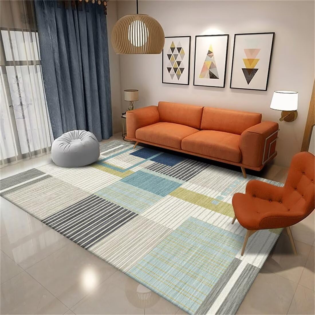 Tapis décoration de ligne géométrique grand format 160x200cm gris-bleu
