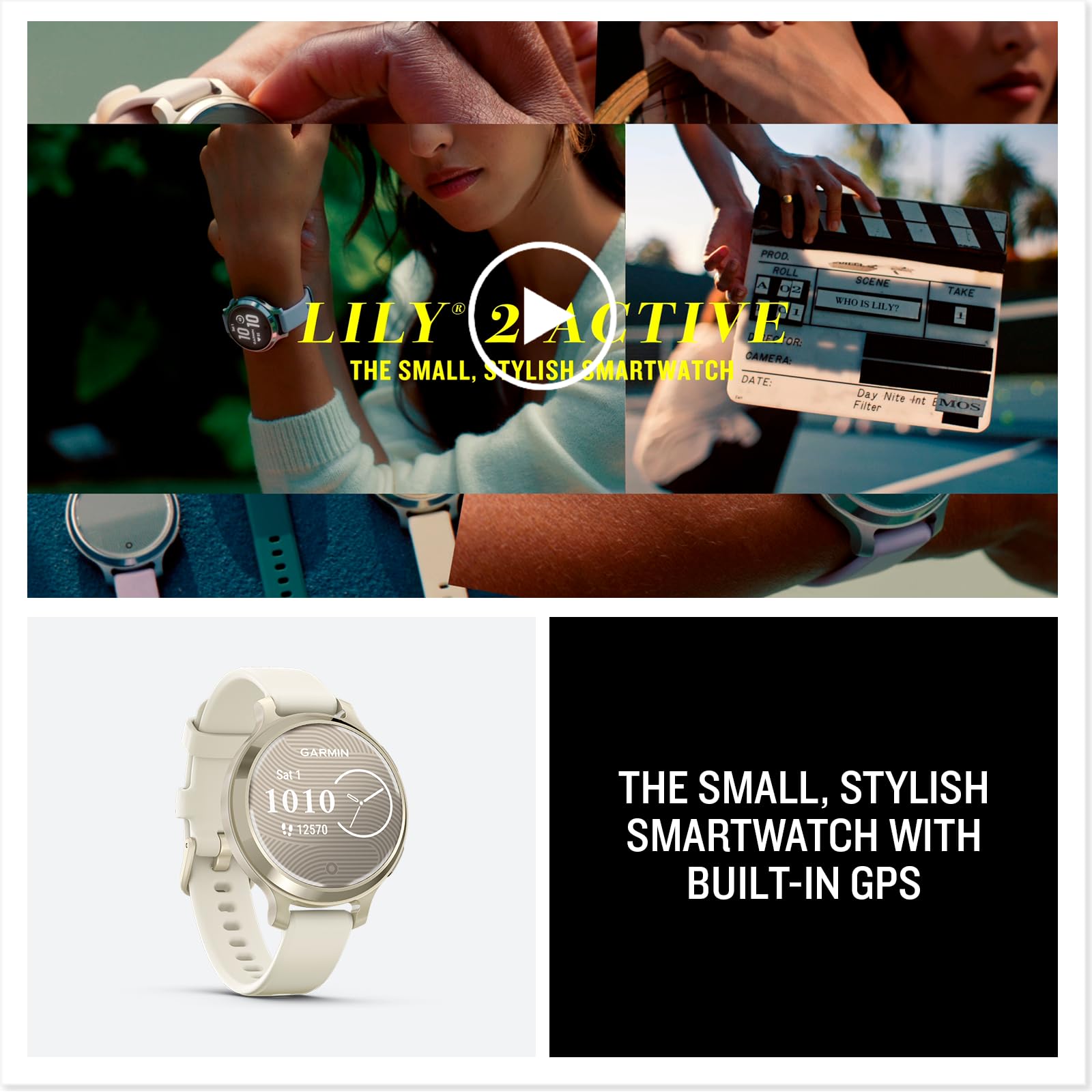 Garmin Lily® 2 Active, Small and Stylish Smartwatch, Built-in GPS, Hidden Display, Patterned Lens, Up to 9 Days Battery Life, Lunar Gold with Bone Silicone Band