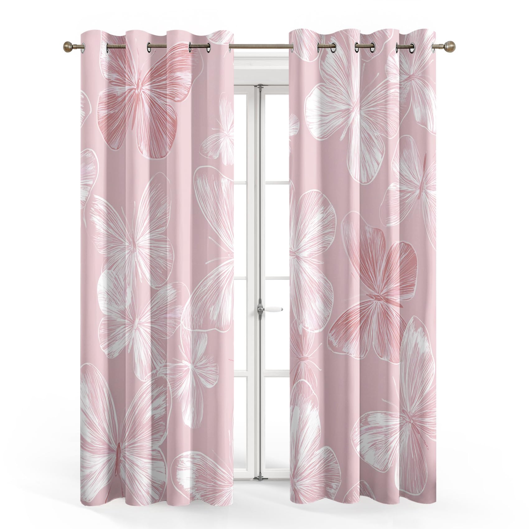 Rideau Occultant Papillon Rose, Féminine Et Féminine Motif Rideaux Thermiques à Oeillets, Rideaux Imprimé pour Salon Chambre Fenetre Moderne Décoration, 140x160 cm (L x H), Lot de 2, D#640
