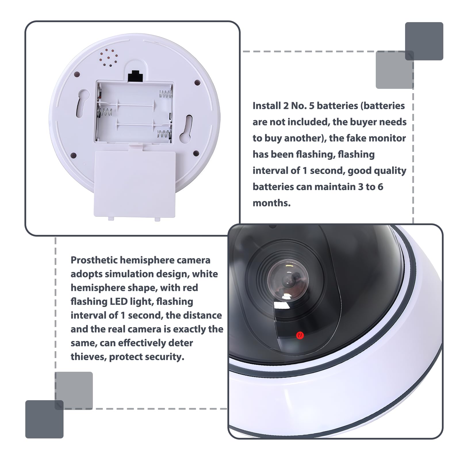Telecamera Finta a Cupola con Luce LED Lampeggiante Rossa, Sorveglianza Interni Bianca CCTV
