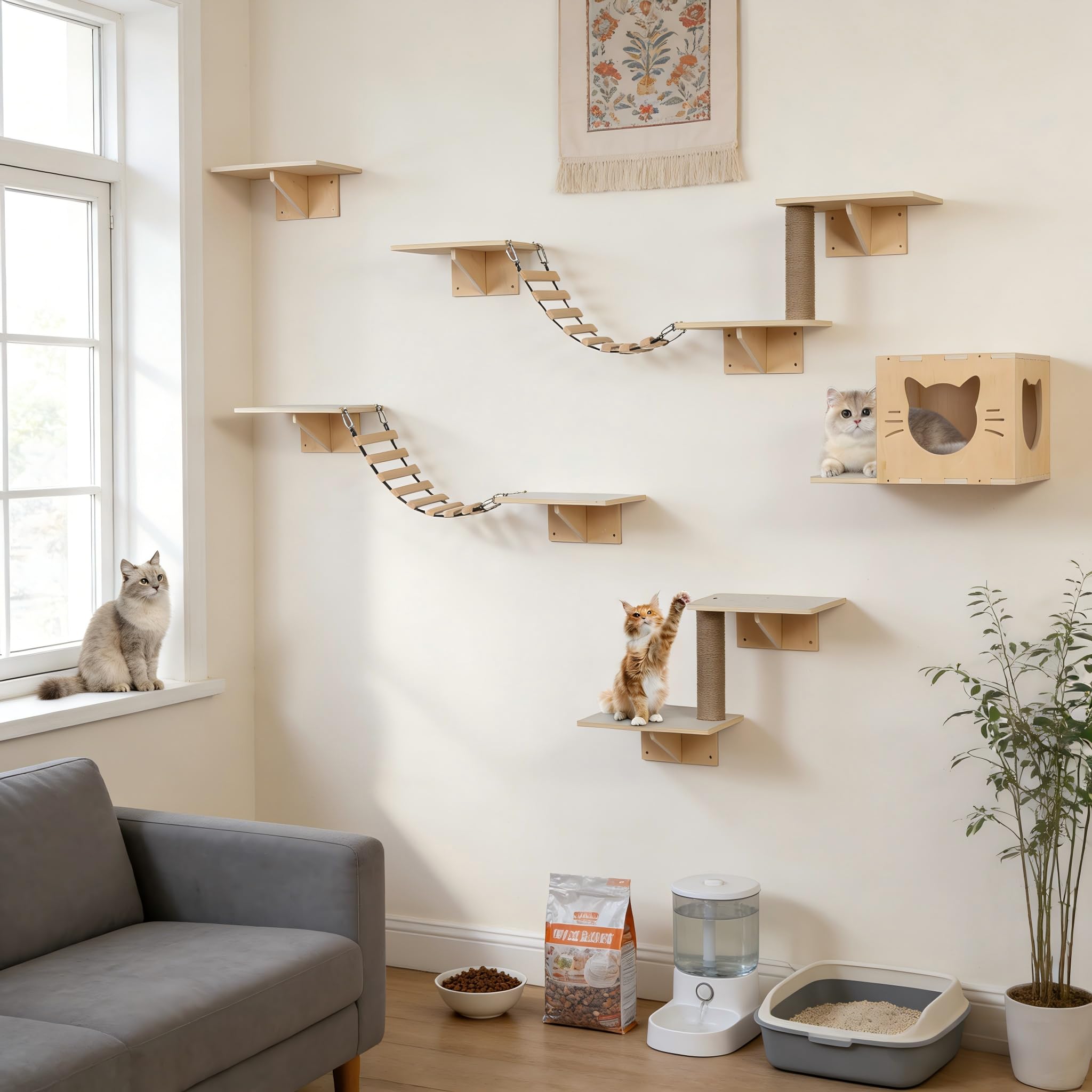 12-teiliges Katzenregal-Set, Wandmontiertes Katzenspielzeug-Set mit Katzenbrücke und Kratzbaum, Großer Wandmontierter Kletterbaum-Aktivitätszentrum für Katzen, Kletterwand für Wohnungskatzen zum Schla