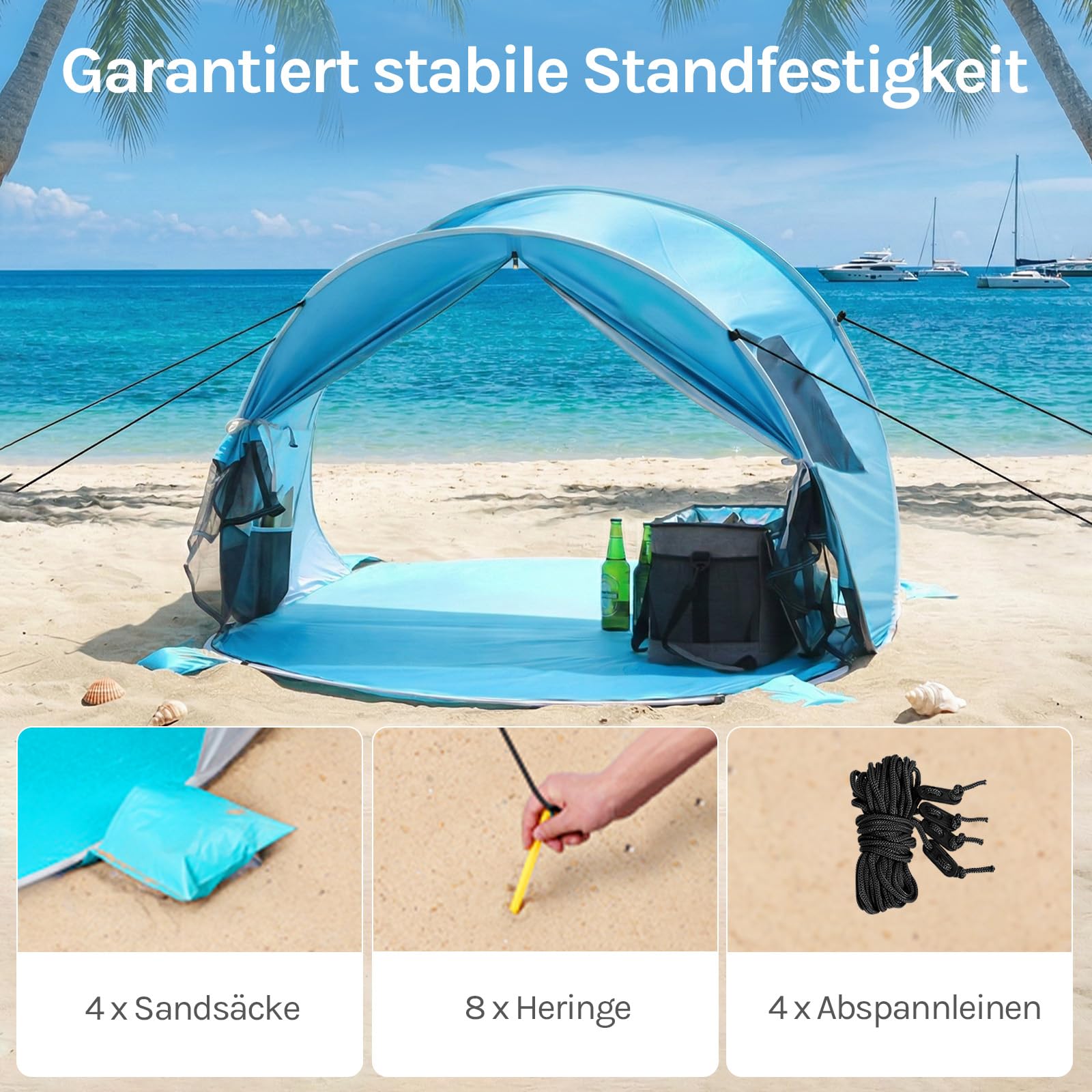 WolfWise Strandmuschel Pop-Up Zelt mit UV-Schutz 50+, 3-4 Personen Strandzelt, Sonnenschutz & Windschutz Tragbar Wurfzelt Baby Kinder Sonnenzelt Kleines Packmaß für Familie Camping Garten Strand Blau