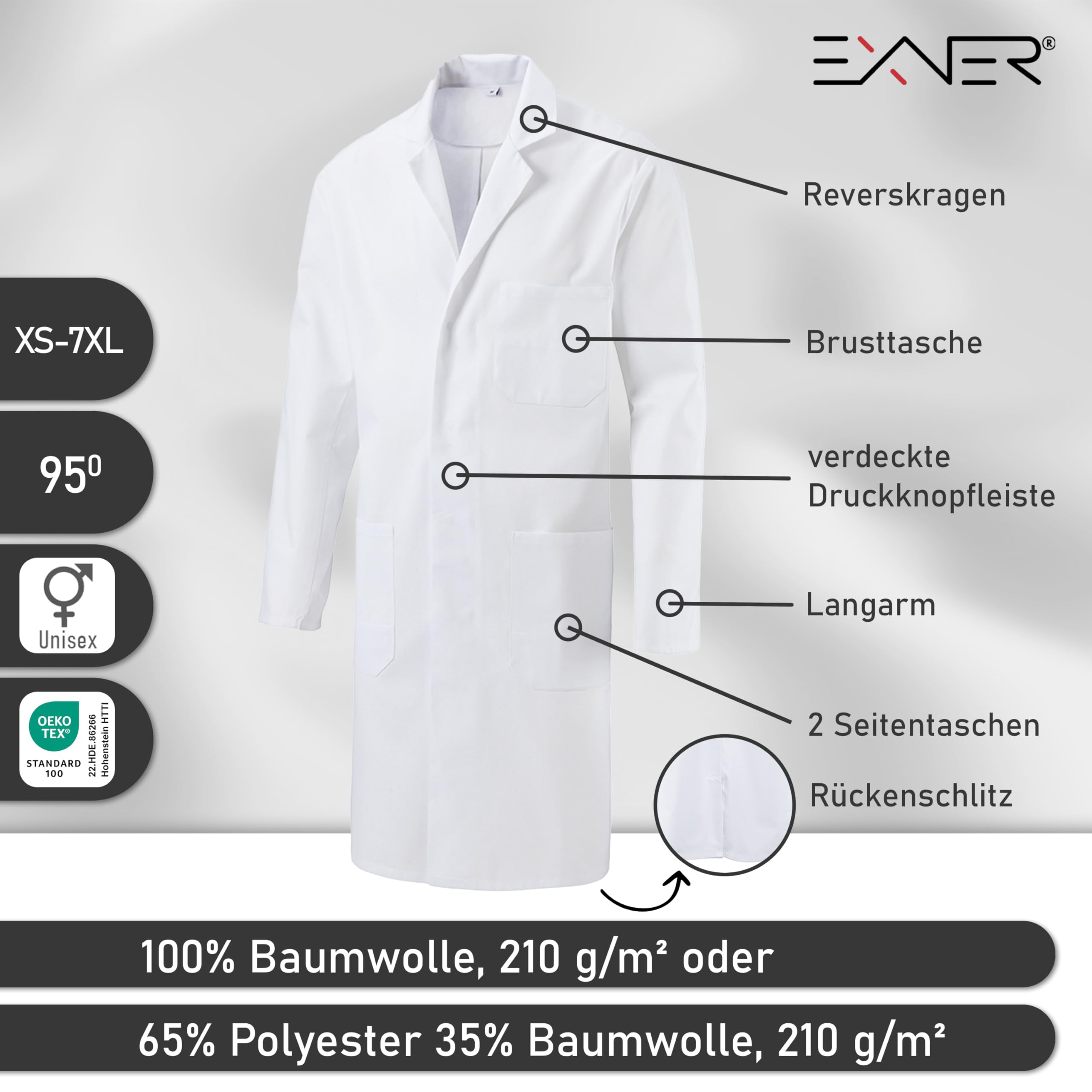 Exner Manteau de médecin, blouse de laboratoire, manteau de travail, médical, pharmacie, médecin, femme, homme, unisexe, couleur blanche, disponible en coton ou tissu mélangé de XS à 5XL, Blanc.,