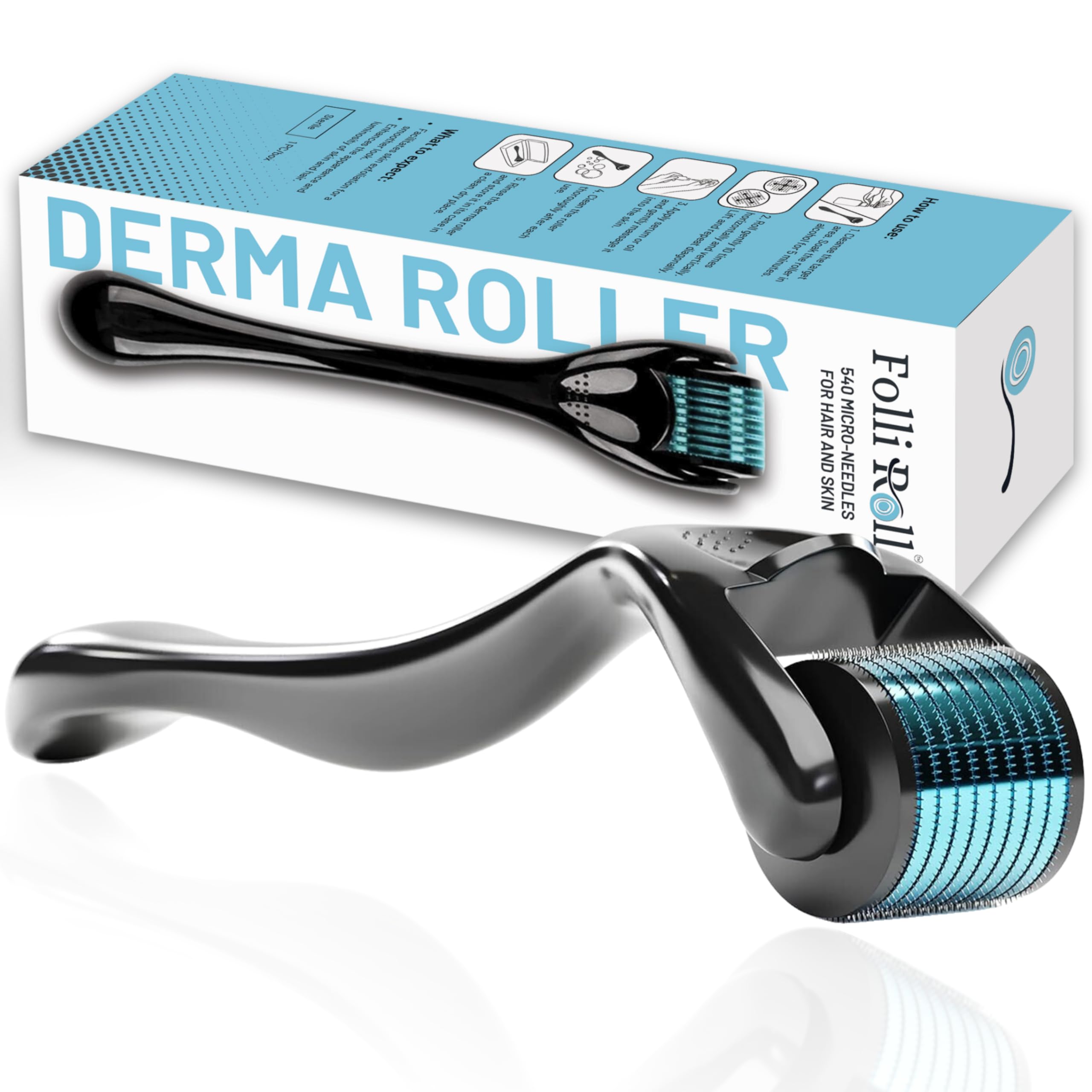 FOLLIROLL Derma Roller - 540 Microneedles for BEARD, HAIR & SKIN | Microneedling Roller for Men and Women - for Face & Scalp Derma Stamp - FREE STORAGE CASE (Blue, 0.30mm)